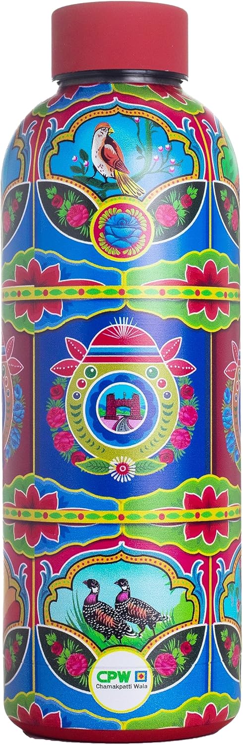 Botella de agua aislada de acero inoxidable de 17 onzas  16.9 fl oz, diseño único de camión paquistaní, a prueba de fugas y sin BPA