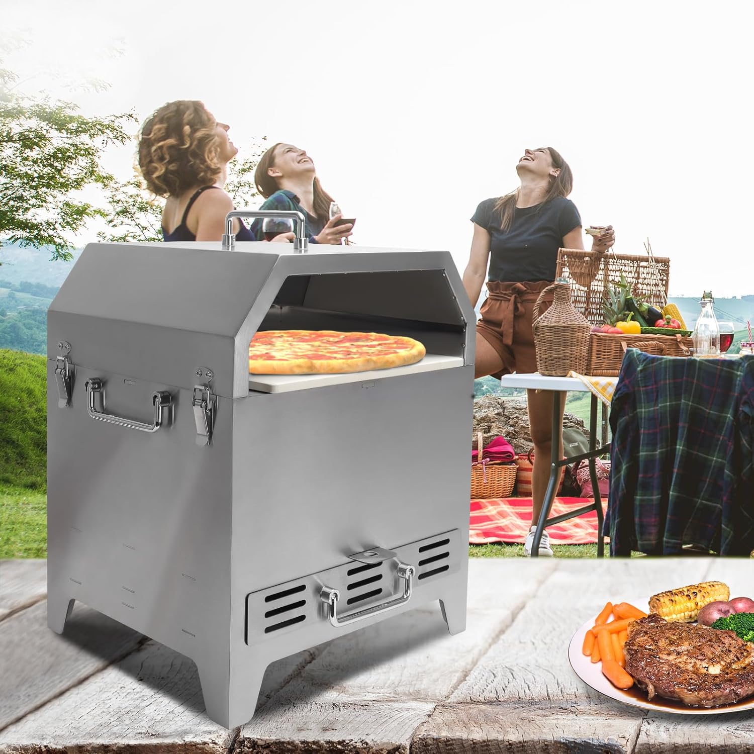 SafBbcue Horno de pizza 4 en 1 para exteriores, 2 capas desmontables exteriores de acero inoxidable más grueso, hornos de madera con piedra para