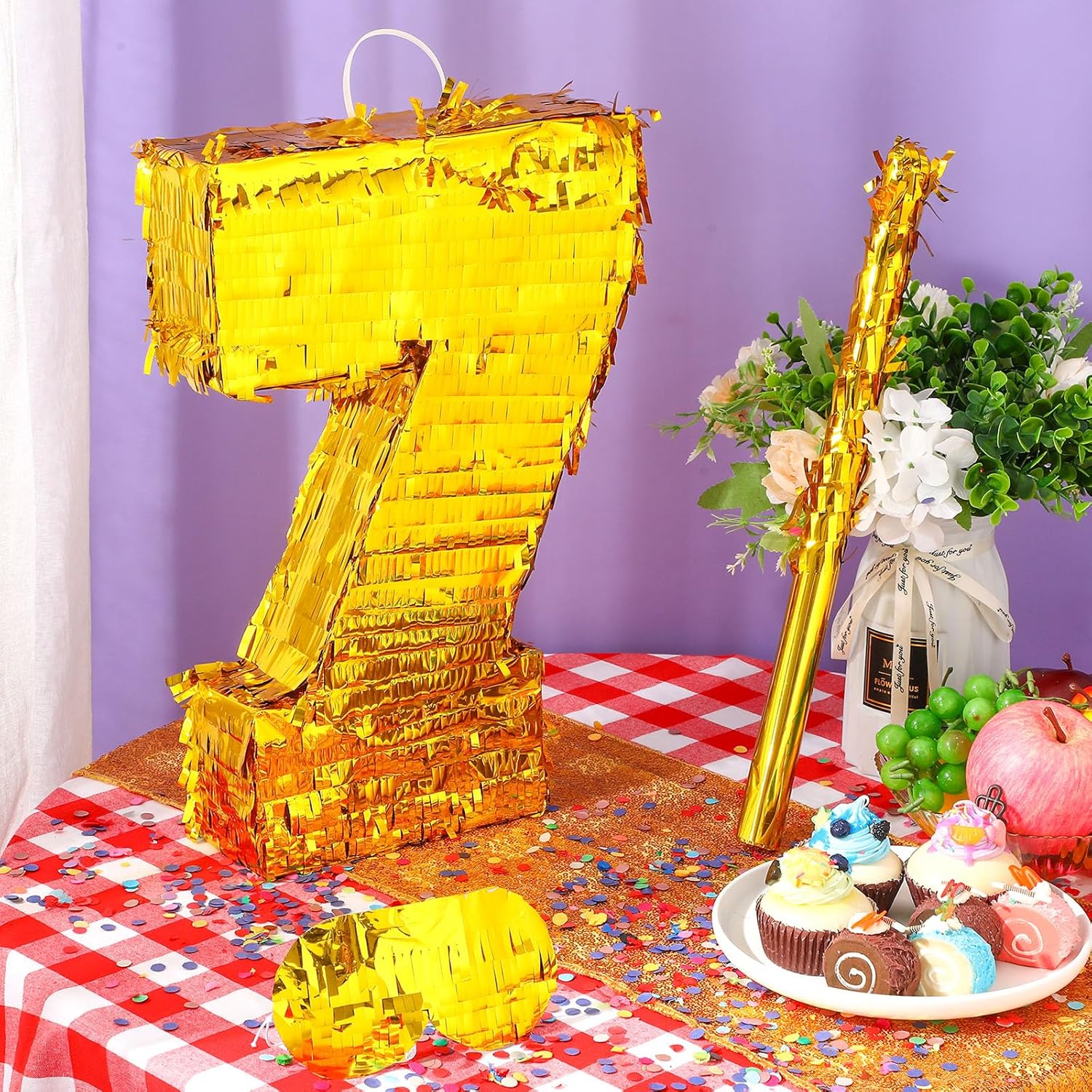 Sratte Piñata con número, decoración de piñata de cumpleaños, piñata de lámina dorada con palo, confeti para niños y niñas, decoraciones de fiesta