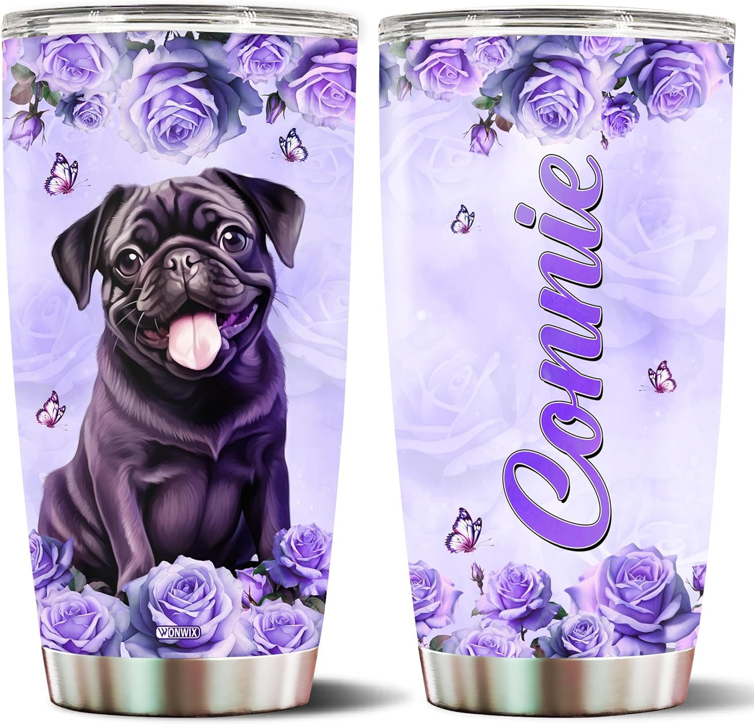 WONWIX Regalos personalizados con temática de pug para mujeres, taza de café, vaso térmico de 20 onzas con aislamiento de acero inoxidable con tapa,