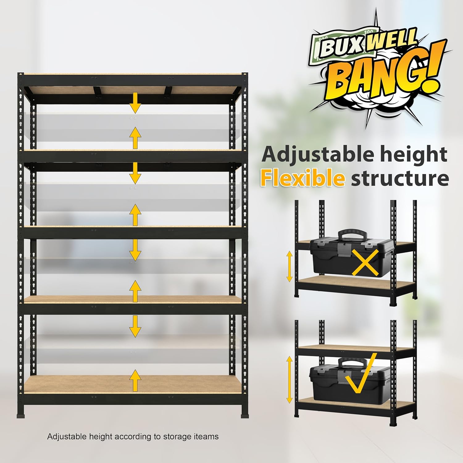 BuxWellBang Paquete de 4 estantes de almacenamiento ajustables de 48 pulgadas de ancho x 24 pulgadas de profundidad x 72 pulgadas de alto, 5