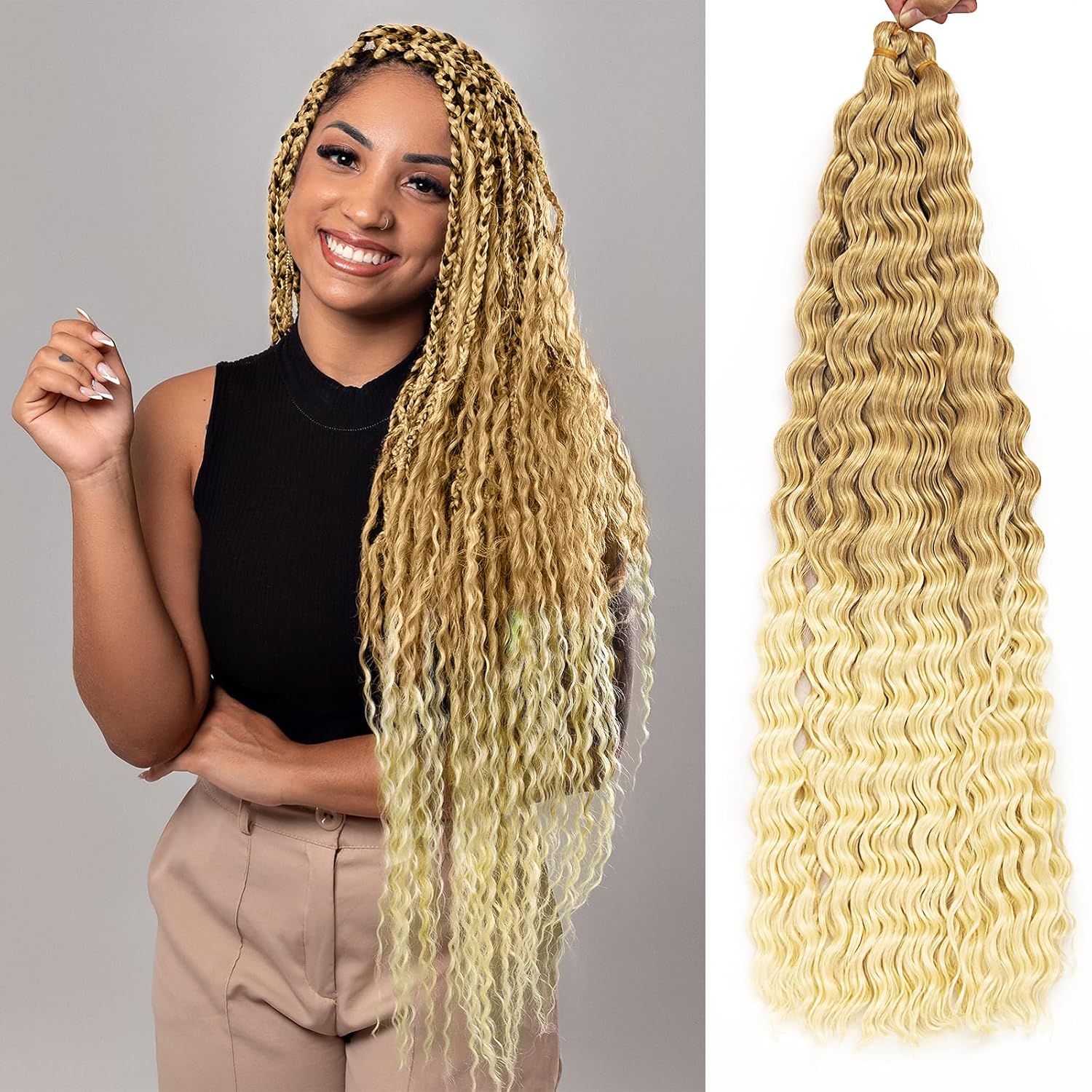 QRHSUKA Pelo de ganchillo Ocean Wave de 30 pulgadas, 7 paquetes de cabello rizado ondulado profundo para mujeres negras, trenzas de ganchillo