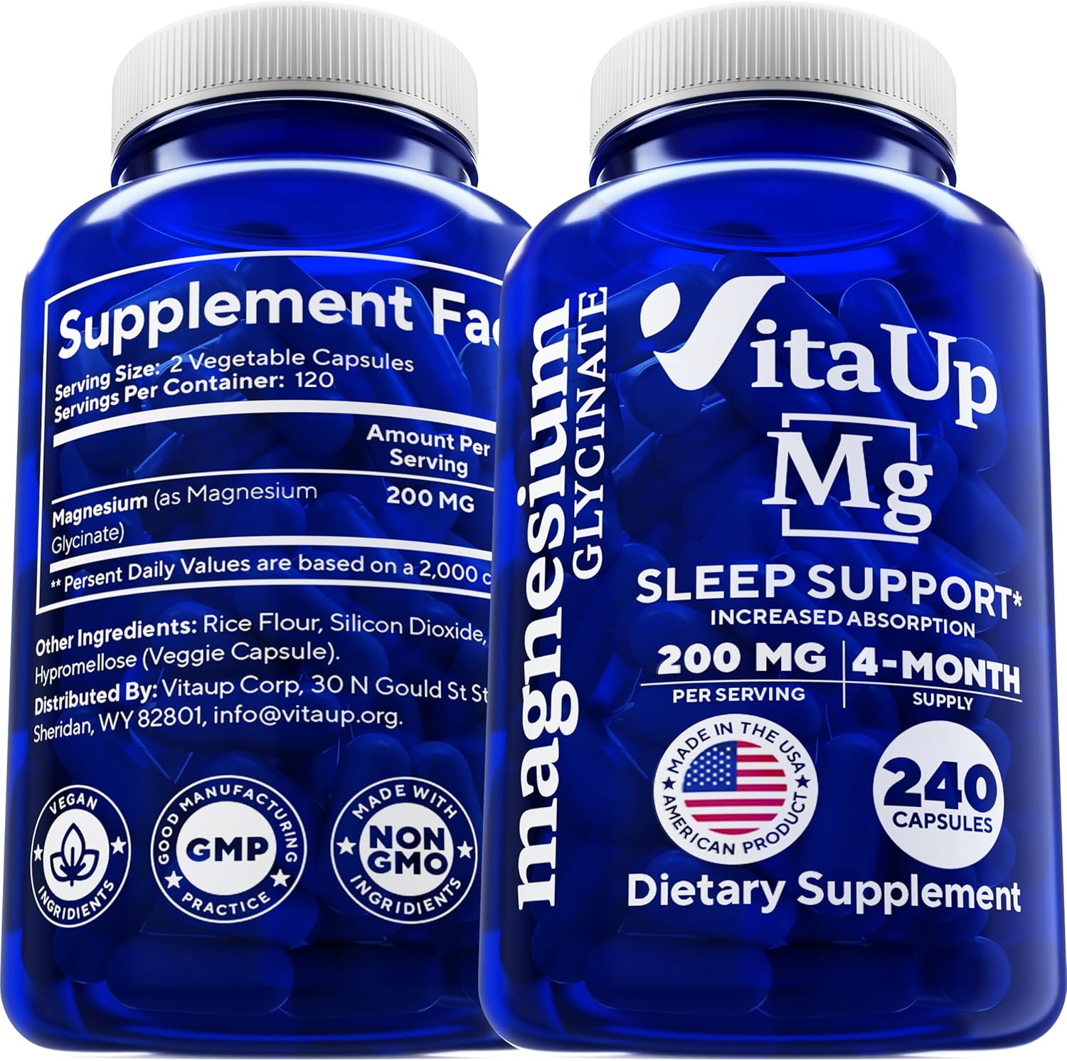 VitaUp Glicinato de magnesio 200 mg  Bisglicinato de magnesio fabricado en Estados Unidos  Alivio del estrés y corazón, músculo, metabolismo, apoyo