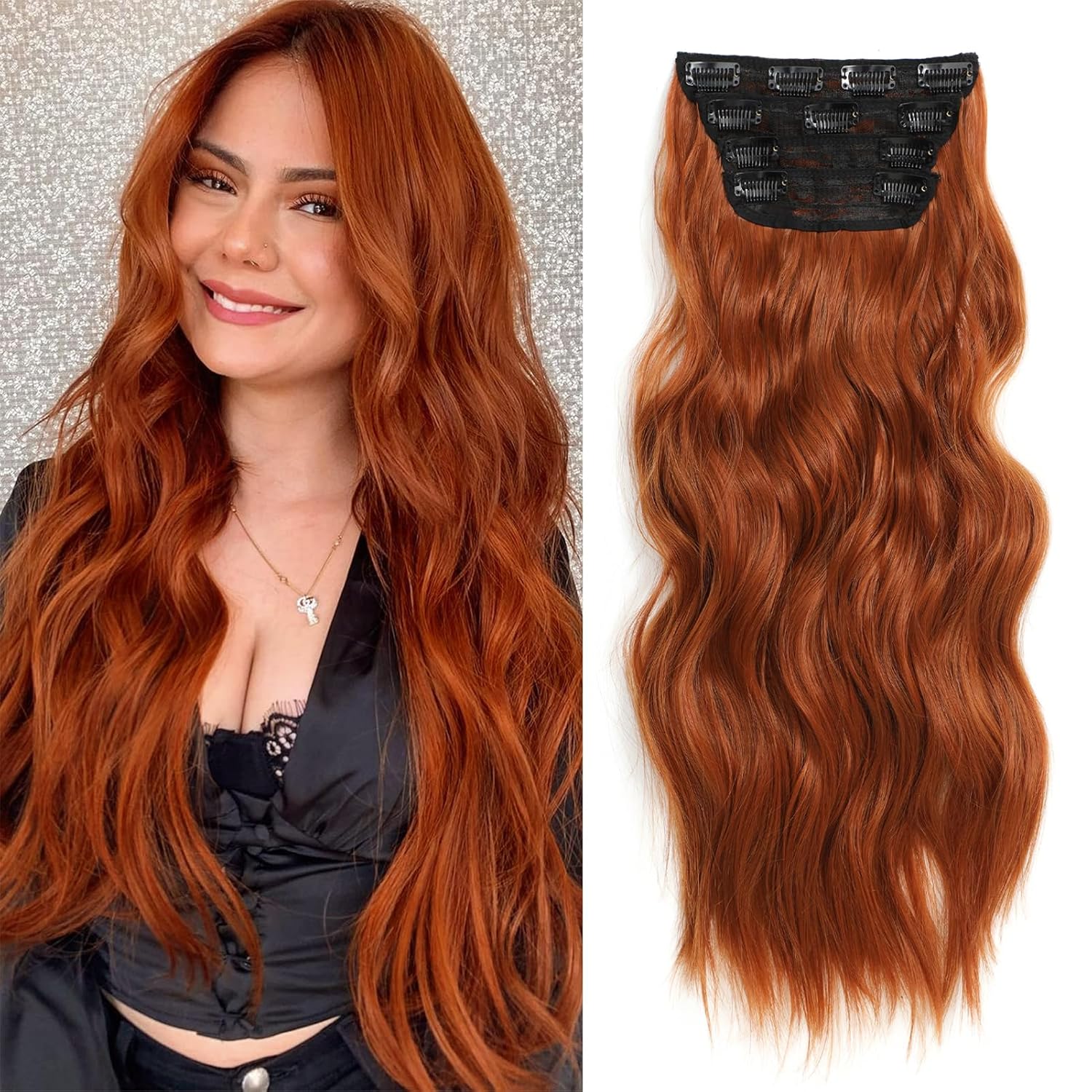 Dorsanee Extensiones de cabello con pinzas, extensiones de cabello color jengibre, 20 pulgadas, 4 piezas, extensiones de cabello sintético largo