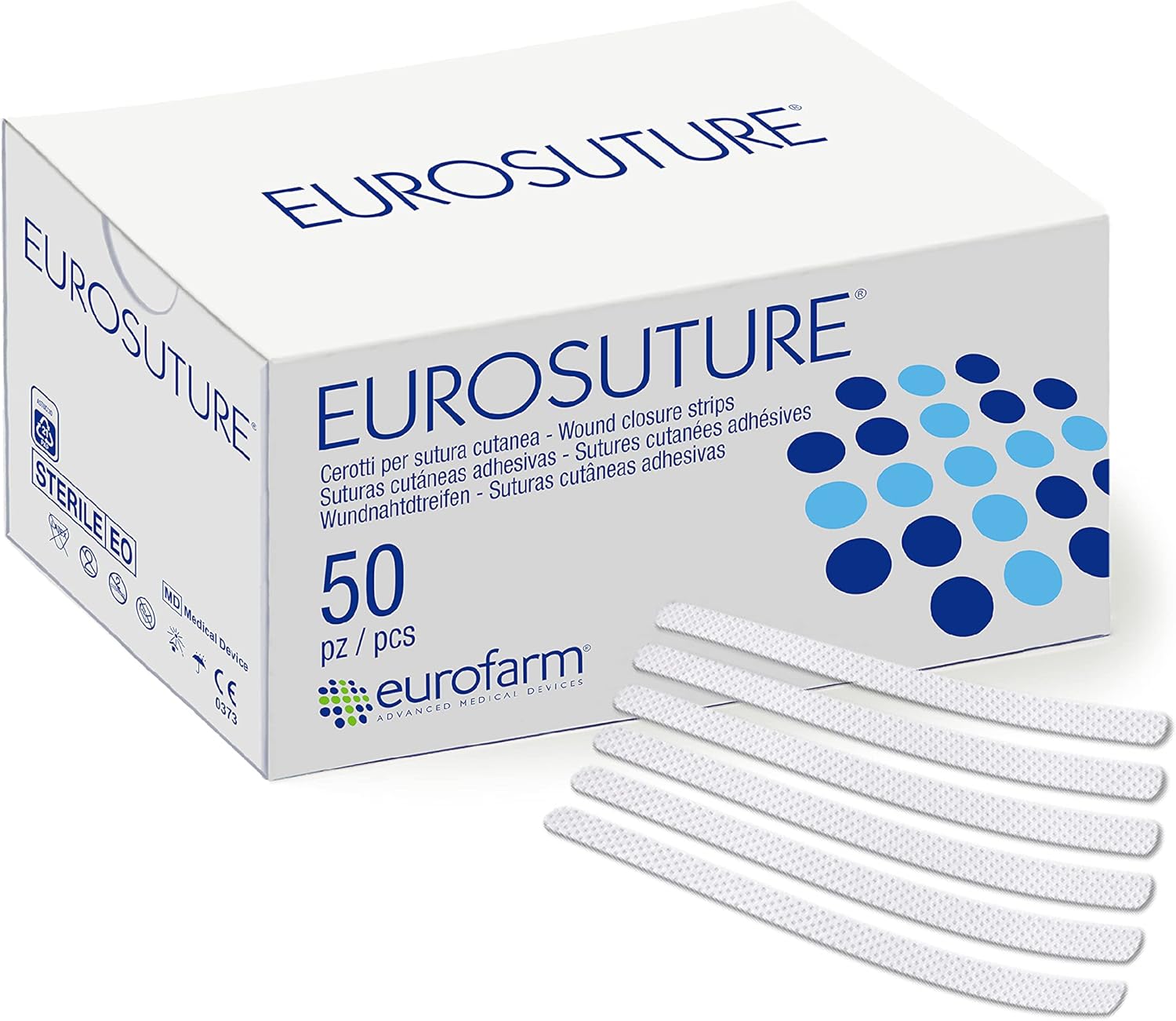 EUROSUTURE – Cierre de piel 14 x 1 12 pulgadas, tiras de sutura estériles, adherencia dinámica y seguridad superior para heridas, 50 bolsas de 6