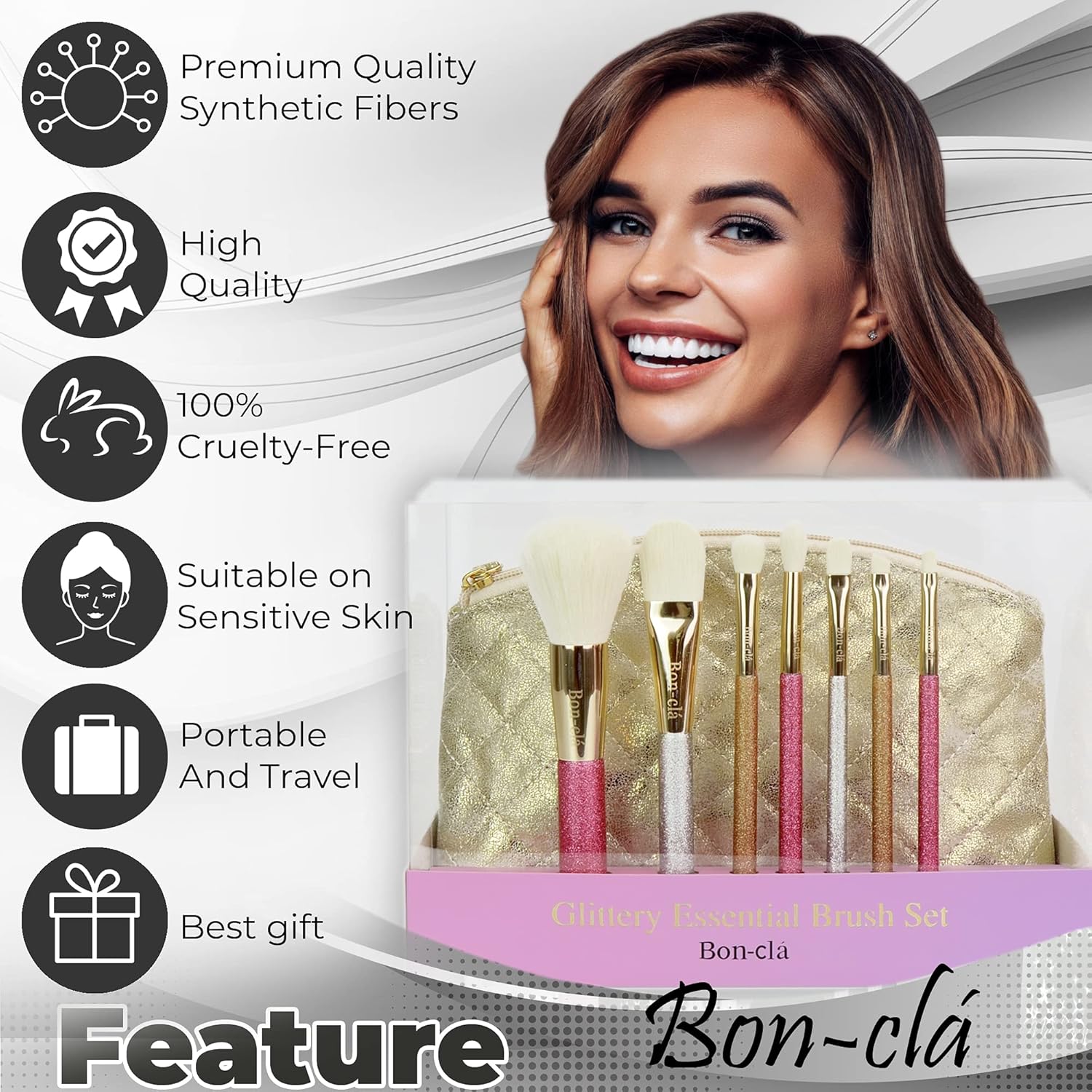 Bon-clá, Juego de 7 brochas esenciales brillantes con bolsa de maquillaje de viaje, para cepillo de polvo, brocha de base, cepillo de pliegues,
