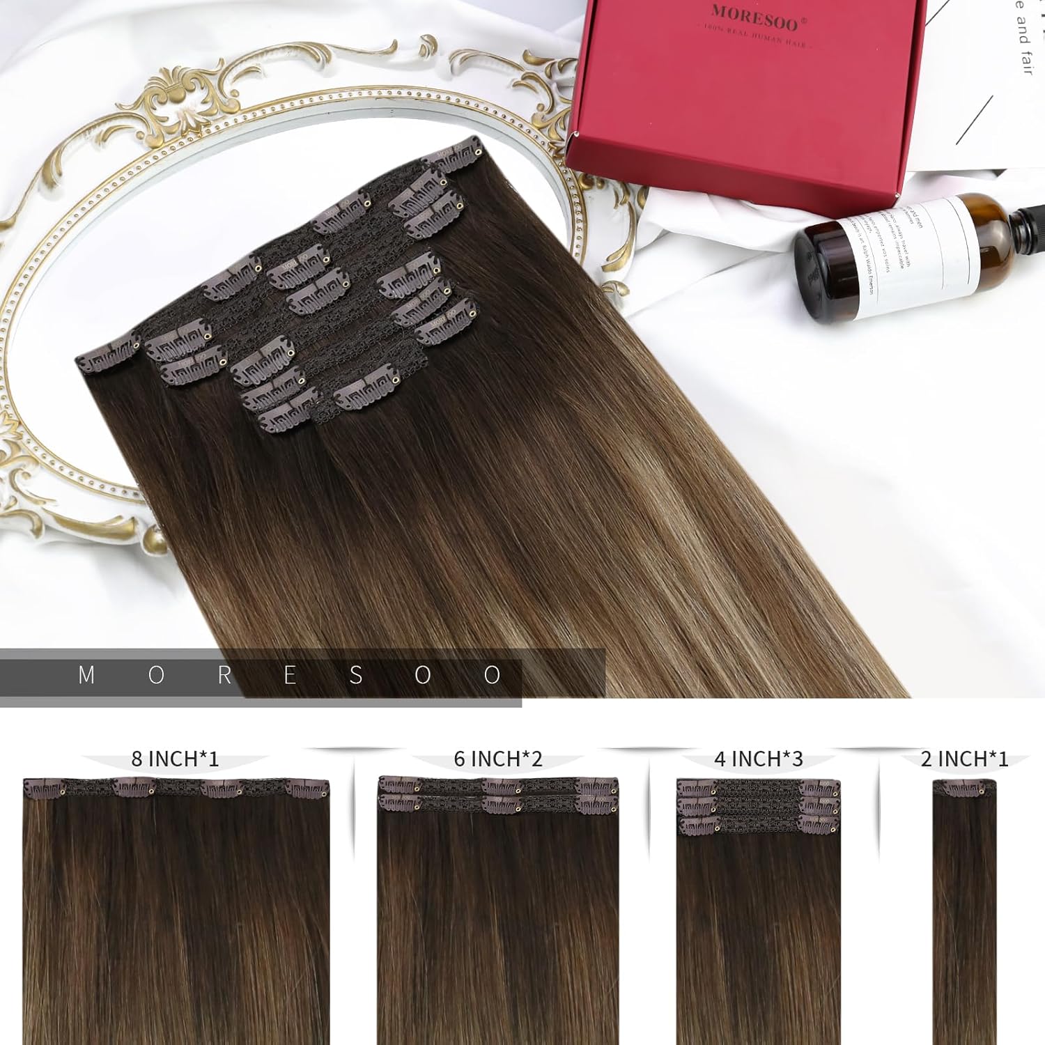 Moresoo – Extensiones de cabello humano Remy con pinzas, balayage, color degradado, trama doble, cabello grueso, para toda la cabeza, 20 pulgadas,