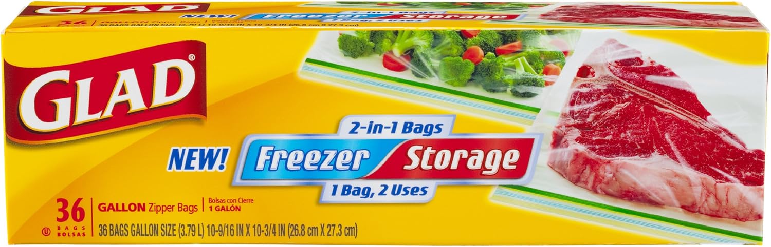 Glad Bolsas de plástico 2 en 1 con cremallera para almacenamiento de alimentos y congelador, 36 unidades