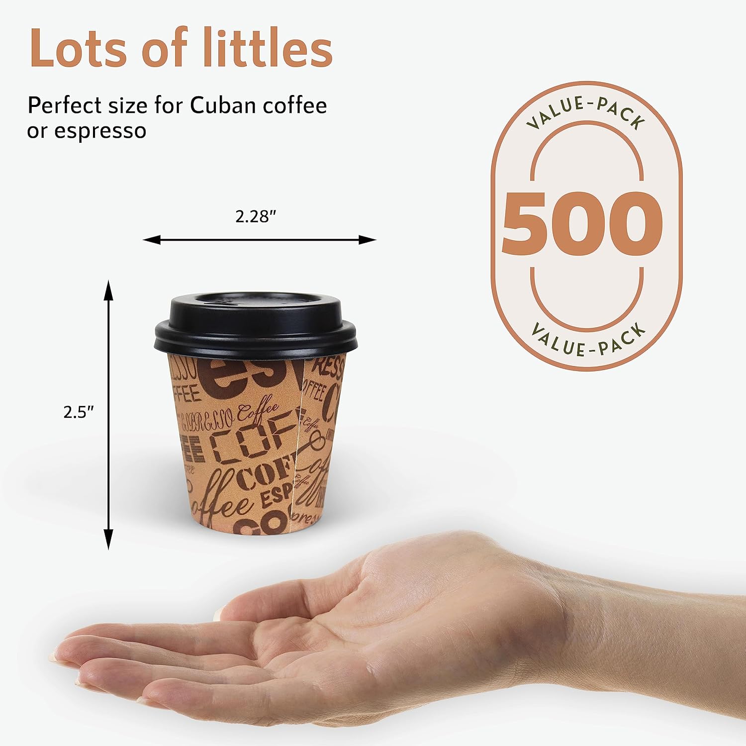 Upper Midland Products Paquete de 500 mini tazas de café cubano desechables de 2.5 onzas con tapas, vasos de papel con tapa de cúpula de plástico,