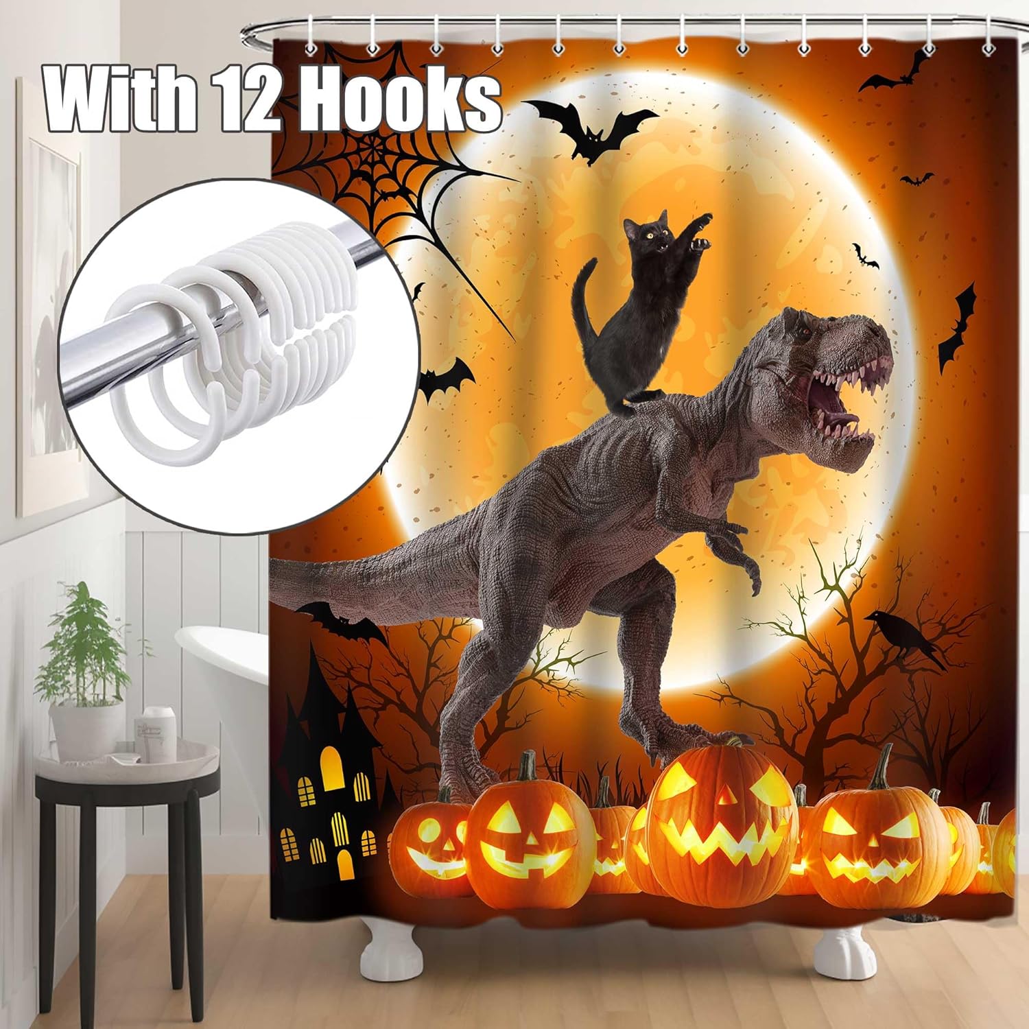 Cortina de ducha de gato de Halloween, divertido juego de cortina de ducha de dinosaurio para niños con temática de gato negro, diseño de decoración
