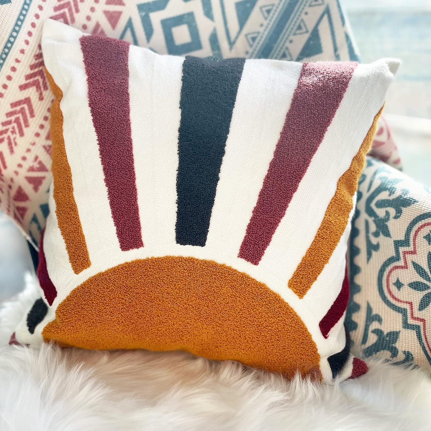 Molili Fundas de almohada con textura bohemia de 18 x 18 pulgadas, modernas fundas de almohada con diseño de sol absrácto minimalista, decoración de