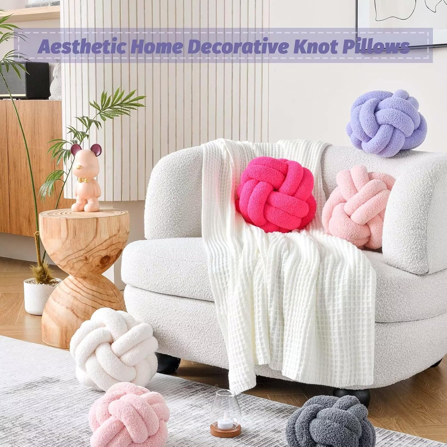 VBGYA Almohadas decorativas de 8 pulgadas con nudo, almohadas decorativas de lavanda de 8 pulgadas, almohadas pequeñas y redondas de felpa anudadas,