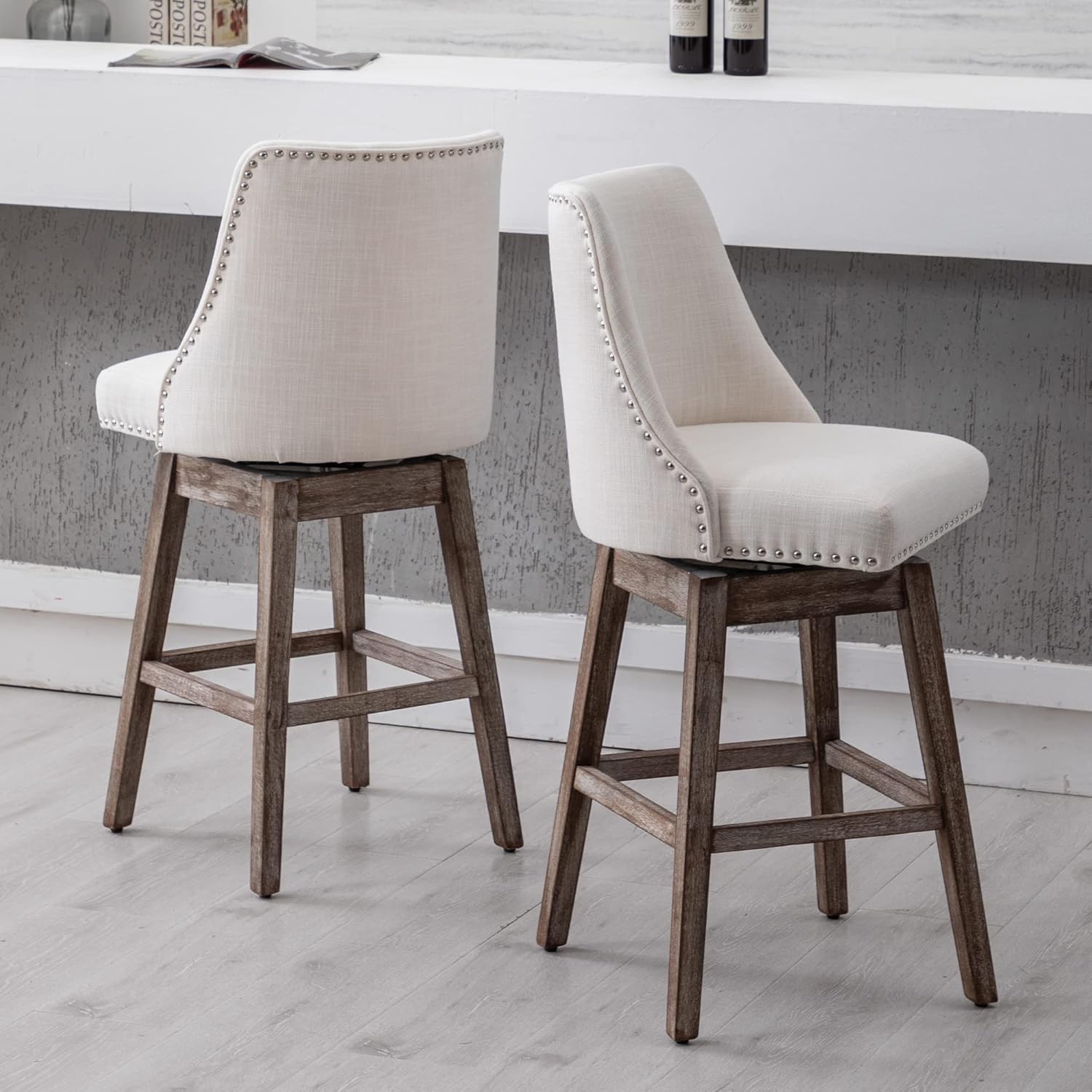 DM Furniture Taburetes de bar de 27.5 pulgadas de altura de mostrador, taburetes de cocina modernos de lino con patas traseras de madera, taburetes