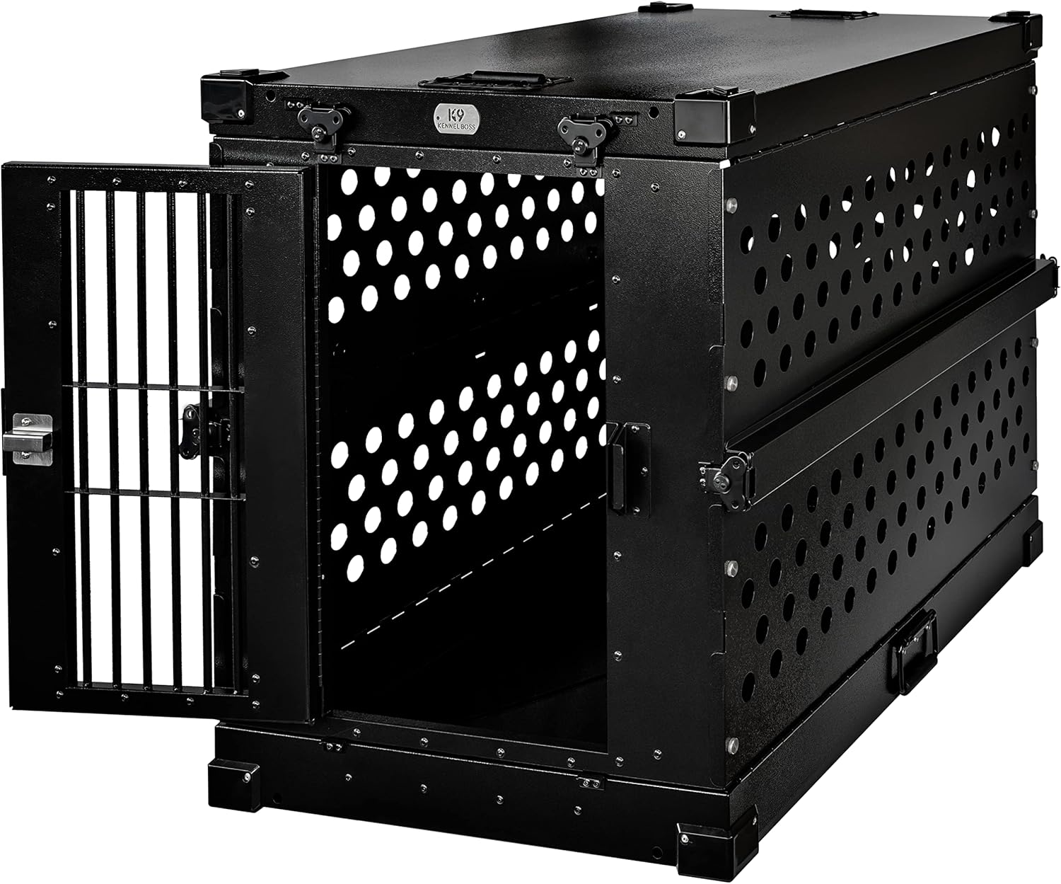 Caja para perros de aluminio con recubrimiento en polvo totalmente plegable y resistente – Grande (negro)