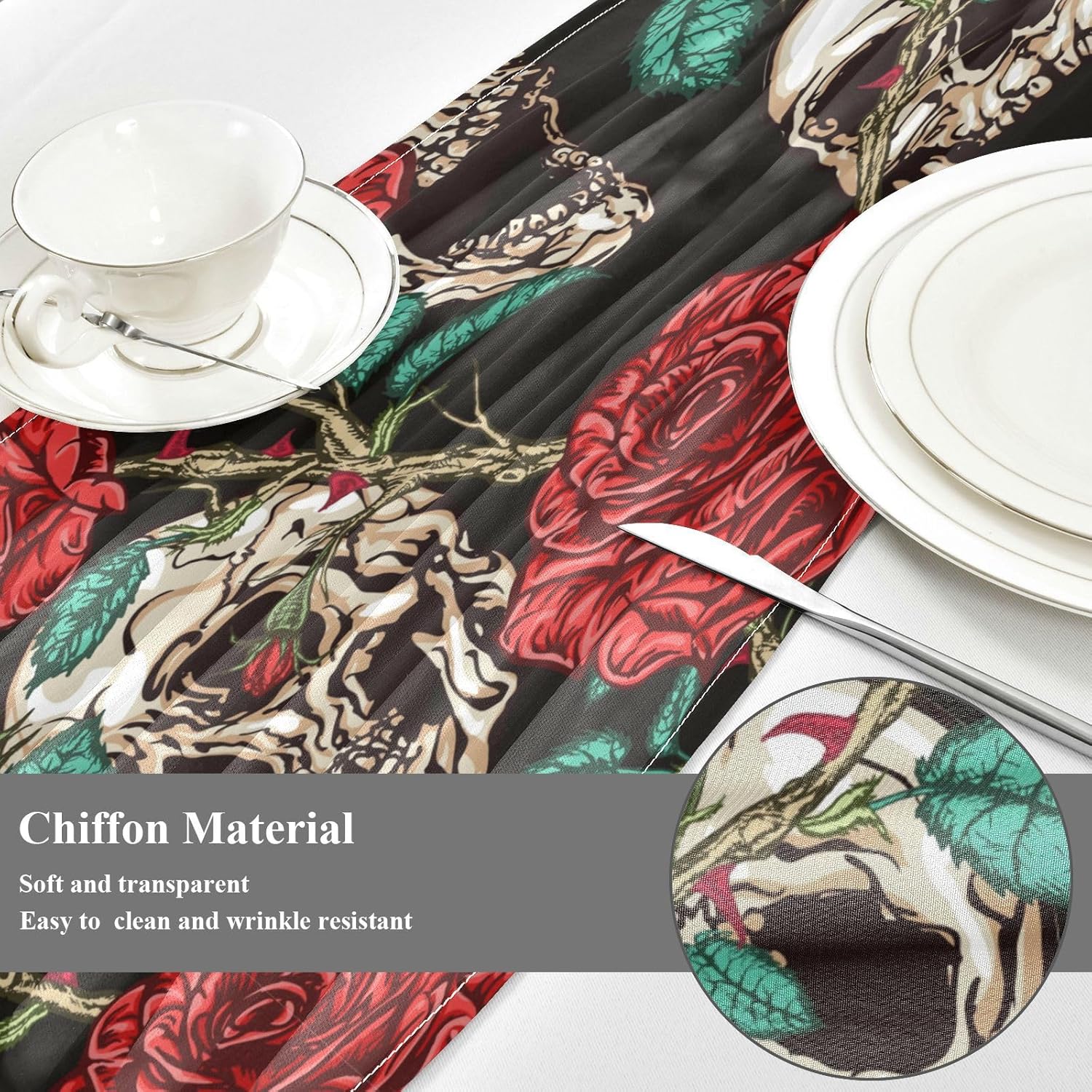 Skulls and Red Roses Table Runner Fall Decor for Desk Decor Halloween Kitchen Decor 108 Inches Long