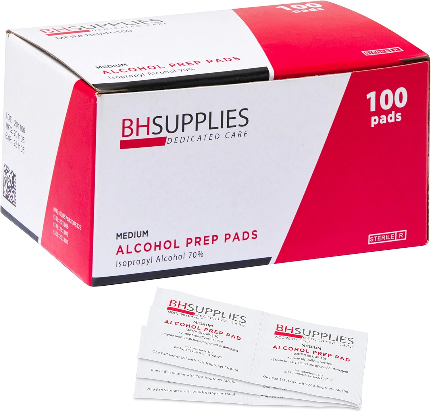 BH Supplies Almohadillas de preparación de alcohol  Grado médico, estériles, envueltas individualmente, 70% de alcohol isopropílico, mediano de 2