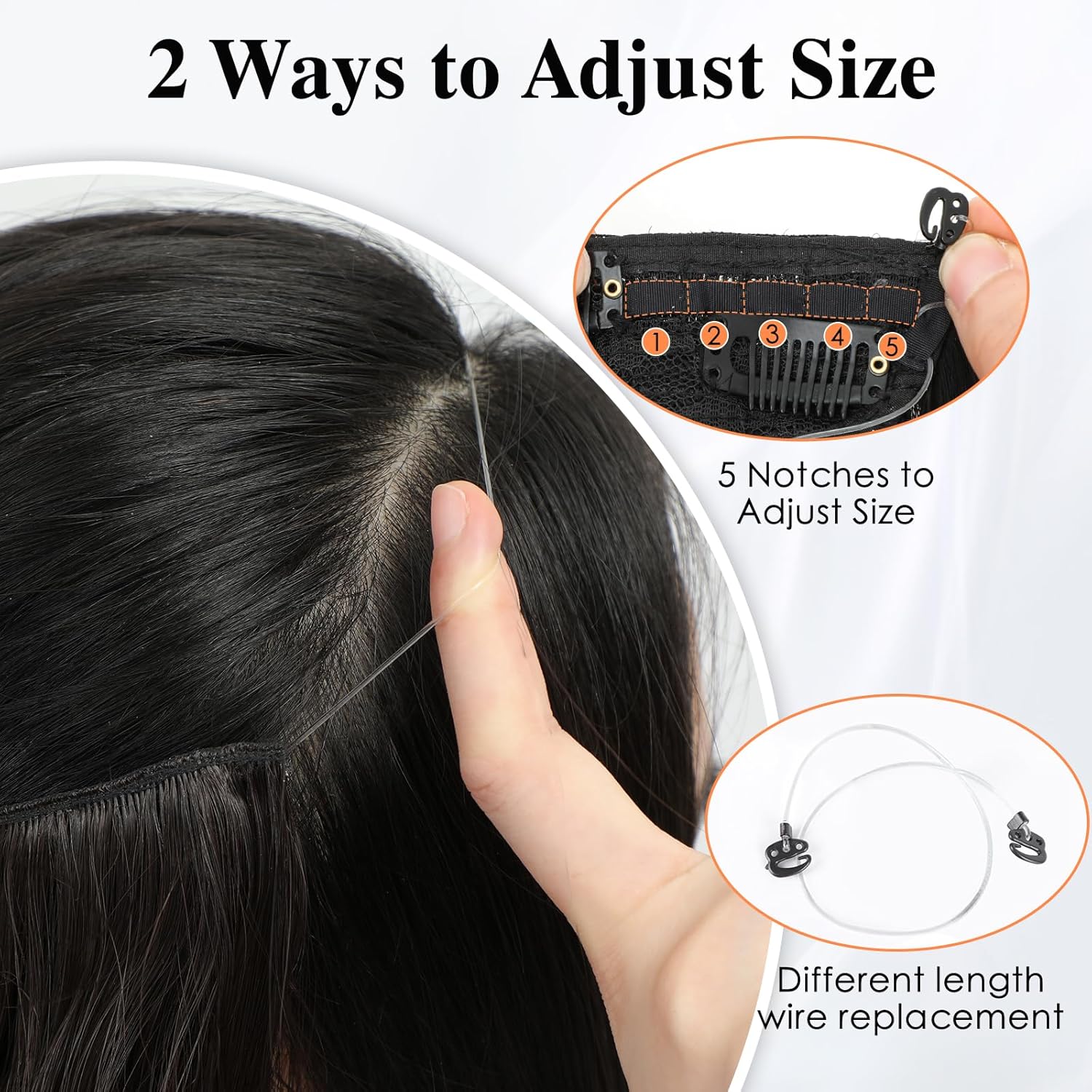 Extensiones de cabello con alambre invisible con 4 clips seguros, extensiones de cabello negro natural de 20 pulgadas con alambre transparente