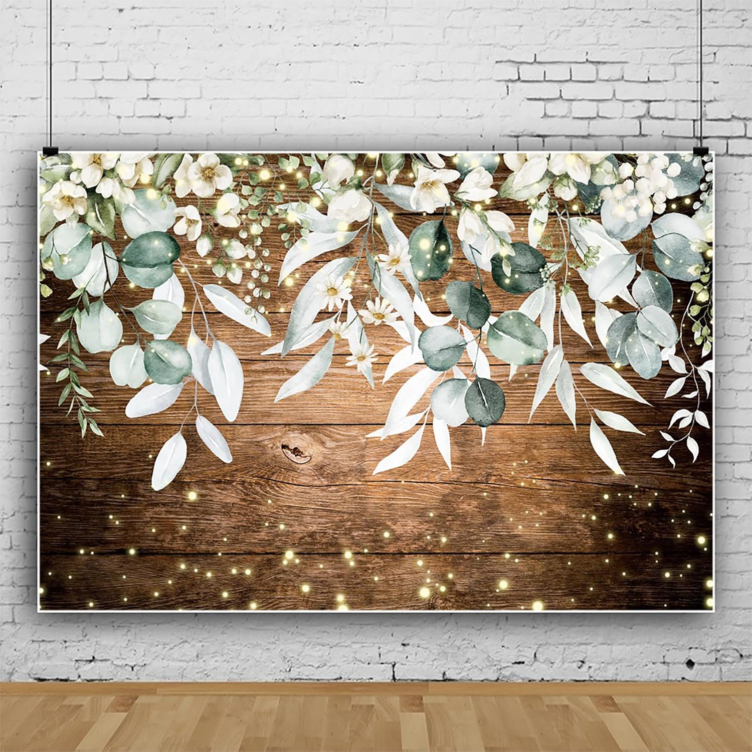 AWERT Telón de fondo rústico de madera floral de 10 x 8 pies, acuarela vegetación blanca, tablones de madera marrón vintage, fondo de fotografía,