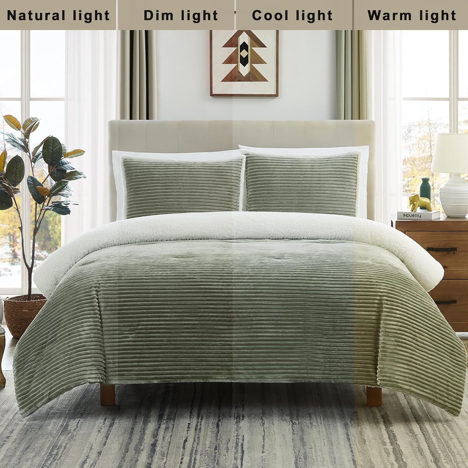 Geniospin Juego de edredón tamaño individual, juego de ropa de cama de forro polar sherpa de microfelpa ultrasuave, color verde salvia, juego de