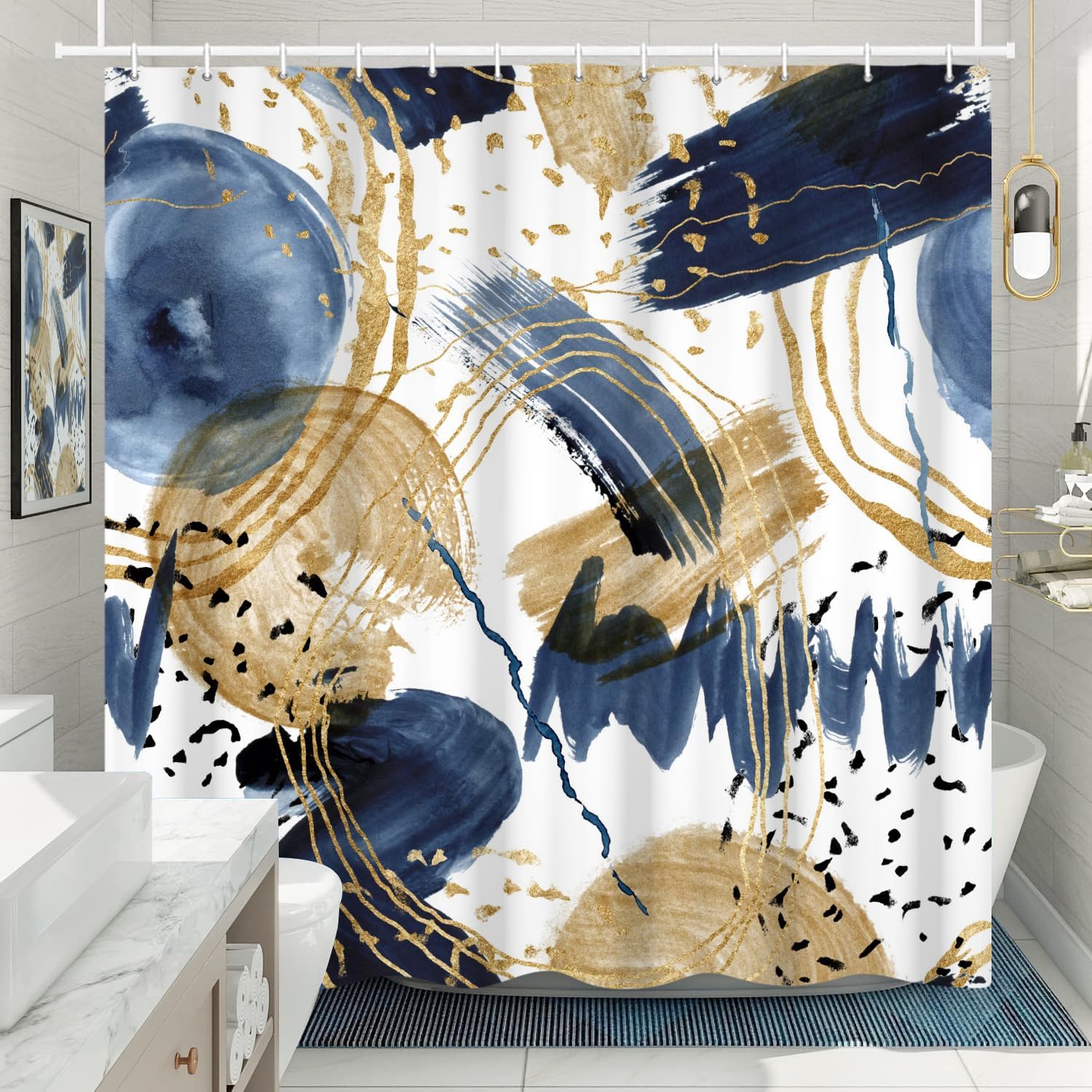 Cortinas de ducha abstractas bohemias, de 60 pulgadas de ancho x 72 pulgadas de alto, color azul marino y dorado, cortinas de ducha para baño,