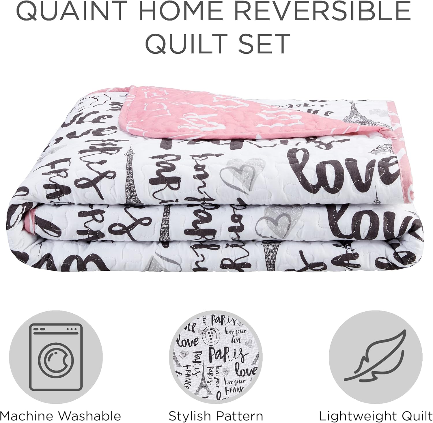 Bonjour, set de 5 unidades de colcha reversible, tamaño queen., RosadoBlancoNegro, King