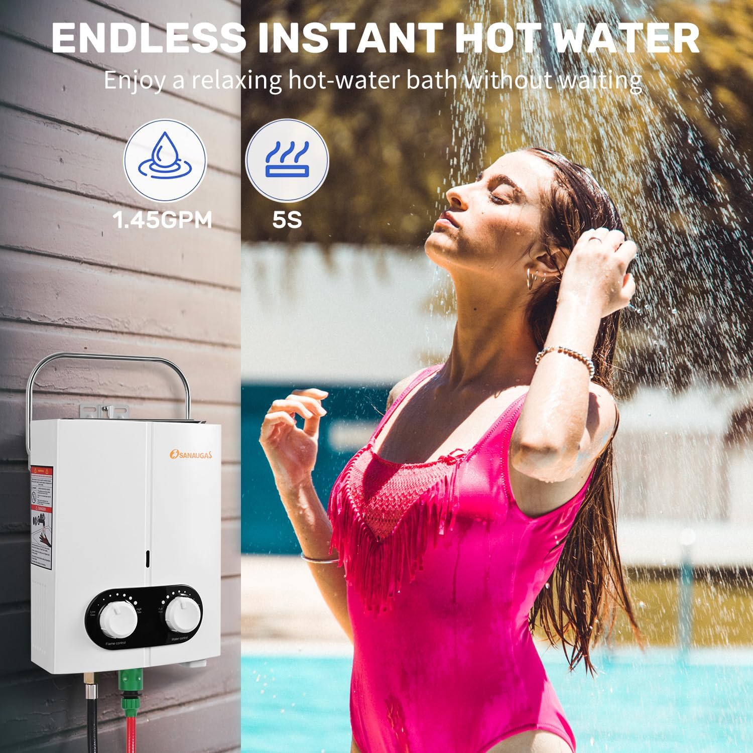 Calentador de agua de propano portátil sin tanque, 1.45GPM 5.5L, calentador de agua caliente instantáneo, uso al aire libre para RV, cámper,