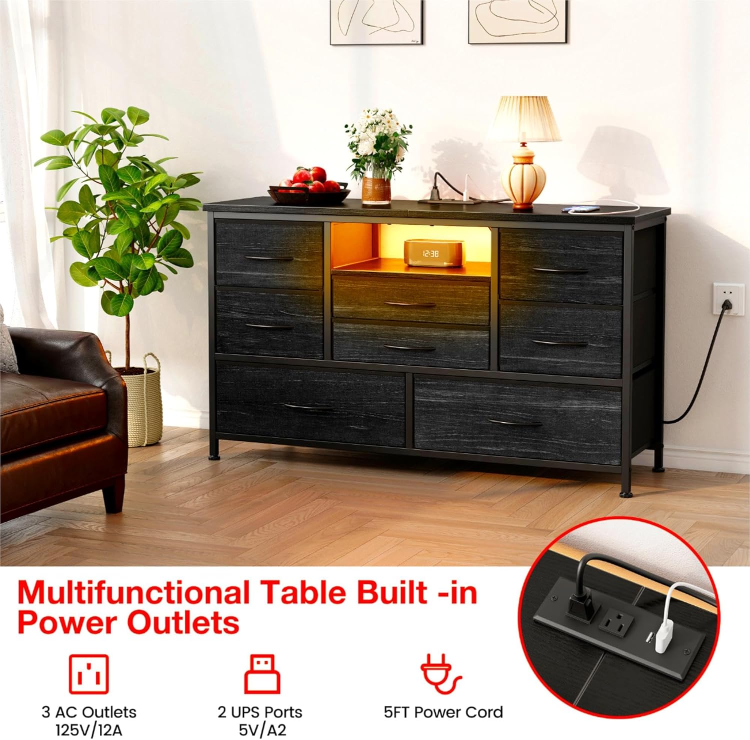 Soporte de TV de 8 aparadores con toma de corriente y LED para TV de 55 pulgadas, cómoda larga para dormitorio con 8 cajones profundos, mesa consola