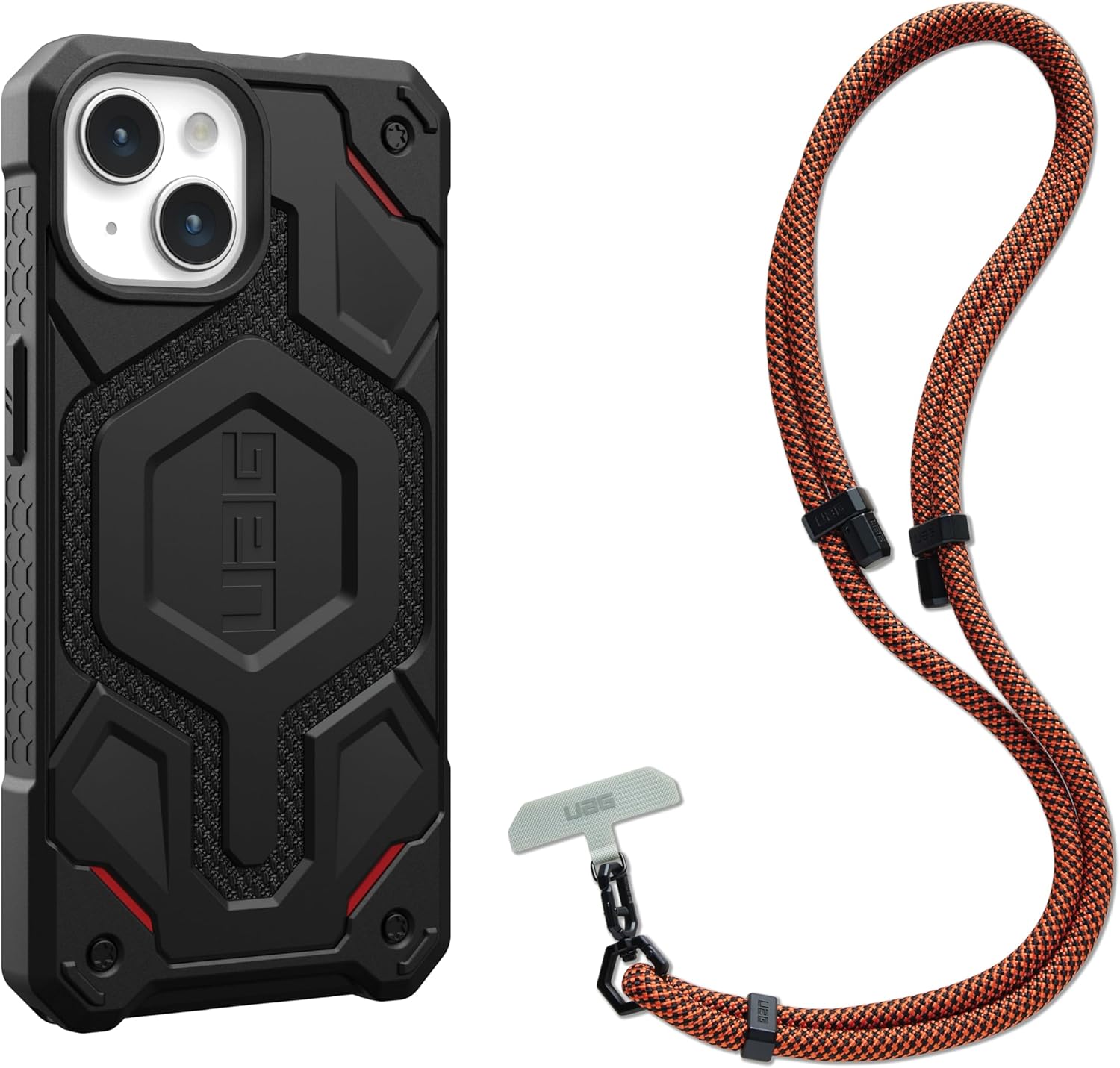 URBAN ARMOR GEAR UAG – Funda Monarch Pro Kevlar negra de 6.1 pulgadas diseñada para iPhone 15, paquete con cordón cruzado UAG para teléfono civil,