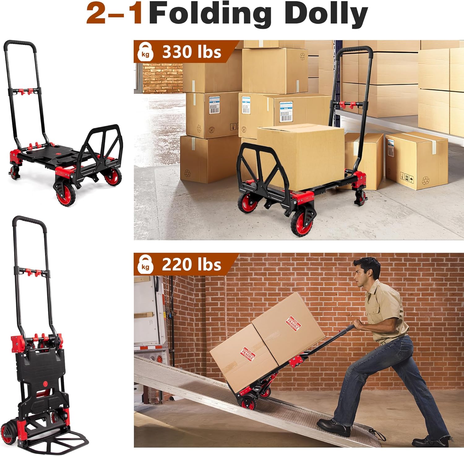Carro de mano plegable 2 en 1 con cesta, carrito de mano plegable de capacidad de 330 libras, carrito de mano plegable con mango retráctil, carrito