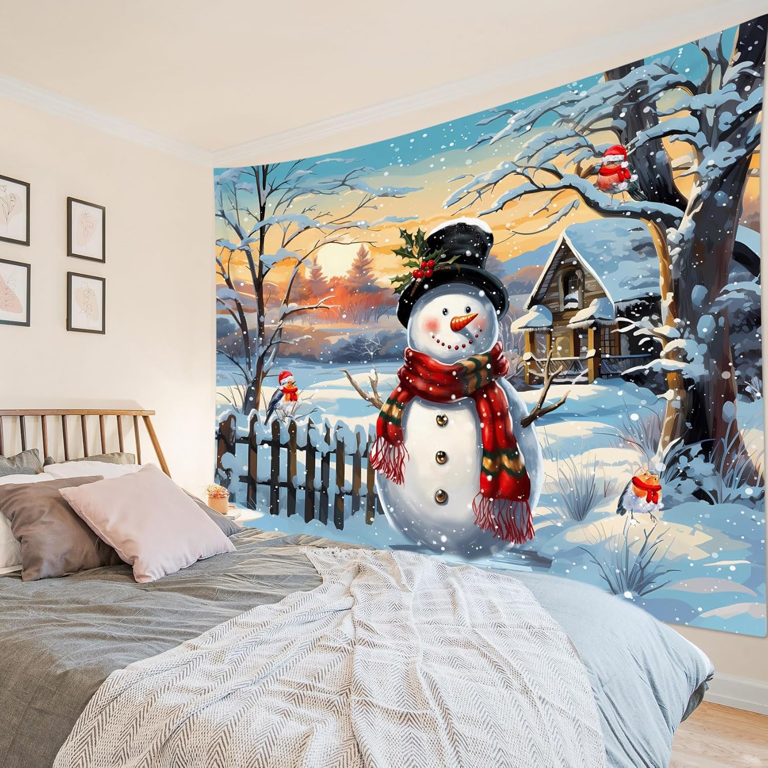 HVEST Tapiz navideño de muñeco de nieve para colgar en la pared, muñeco de nieve y pájaro en árbol nevado con tapiz de granja, tapiz de atardecer en