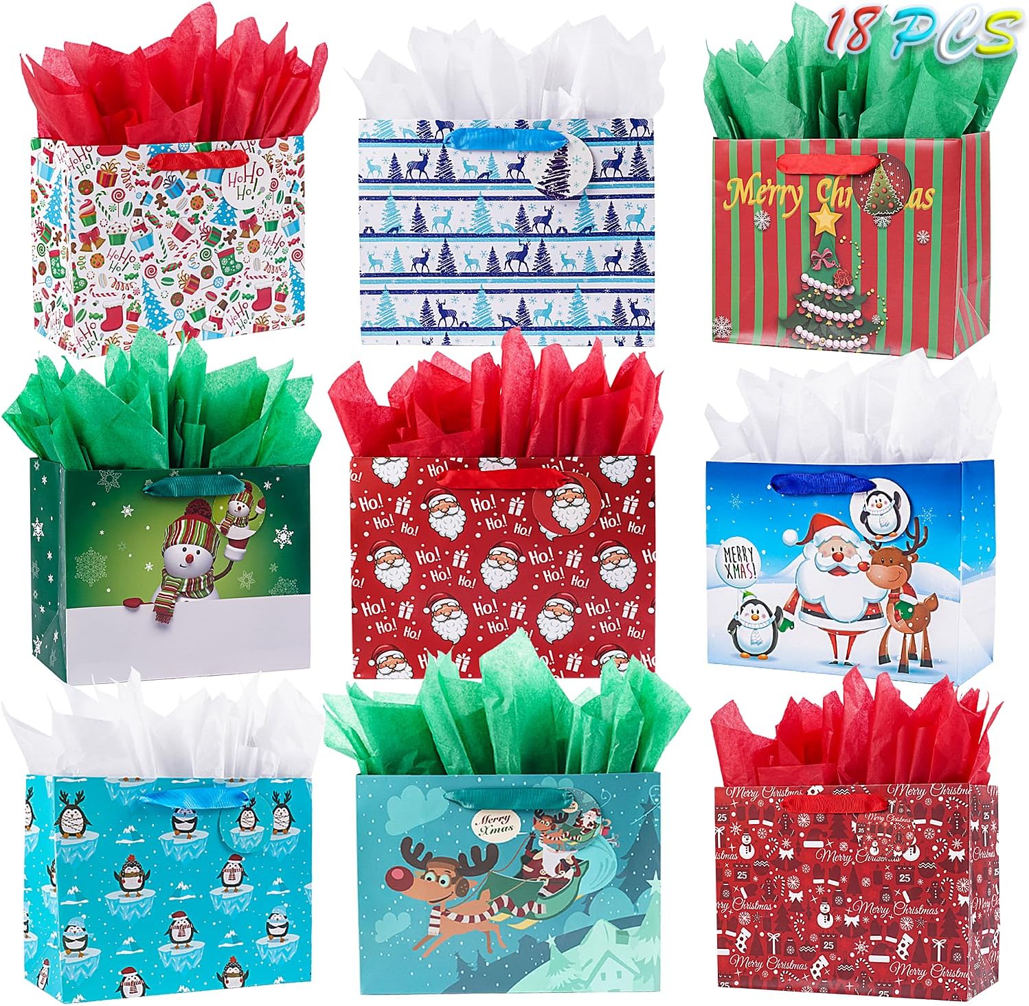 Elephant-package Paquete de 18 bolsas de papel de regalo de Navidad con papel de seda a granel, bolsas de regalo de Navidad medianas con diseños