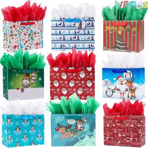 Elephant-package Paquete de 18 bolsas de papel de regalo de Navidad con papel de seda a granel, bolsas de regalo de Navidad medianas con diseños Elephant-package Paquete de 18 bolsas de papel de regalo de Navidad con papel de seda a granel, bolsas de regalo de Navidad medianas con diseños