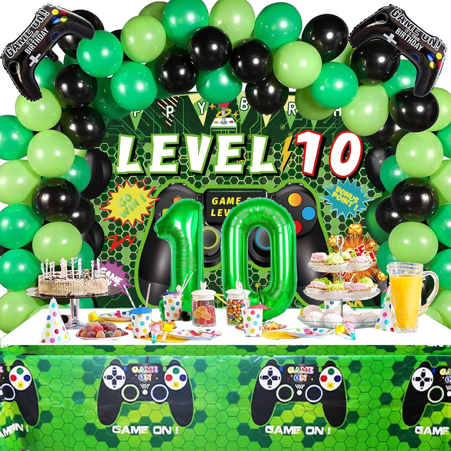 Vlipoeasn Juego de 90 decoraciones de fiesta de videojuegos de cumpleaños número 10 para niños, suministros verdes de 10 cumpleaños, telón de fondo