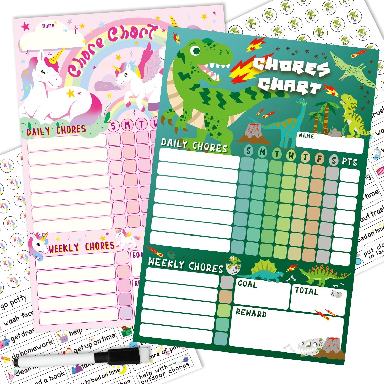 Tabla magnética de tareas de unicornio y dinosaurios para niños, paquete de 2 con 52 tareas estáticas, 126 calcomanías de recompensas, tabla de