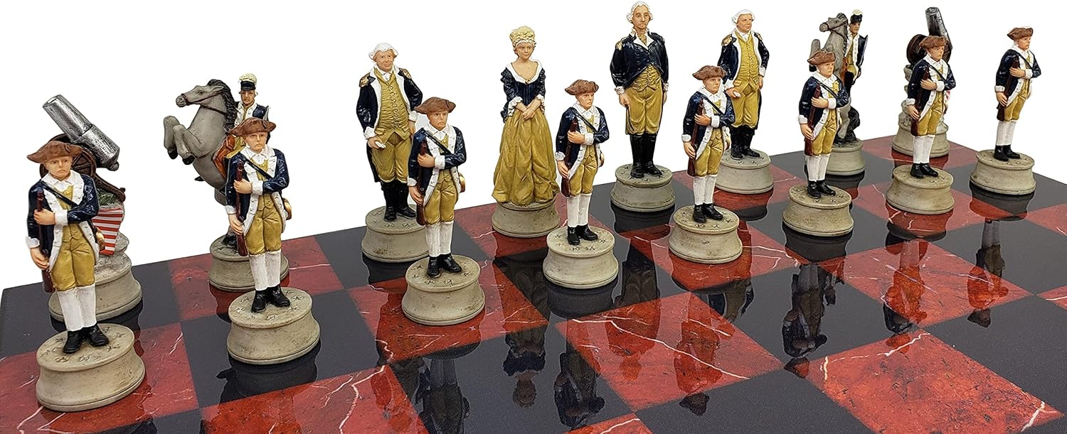 Juego de ajedrez de guerra de independencia revolucionaria americana con tablero de mármol sintético negro y rojo de 16 pulgadas