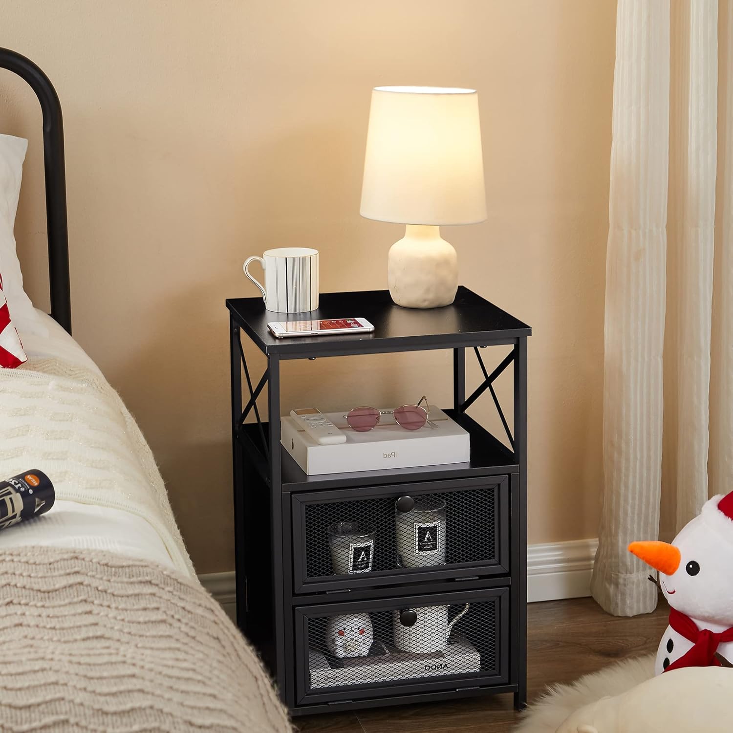 VECELO – Mesita de noche, mesa auxiliar con espacio de almacenamiento y puerta, mesitas de noche modernas para sala de estar, dormitorio, negro