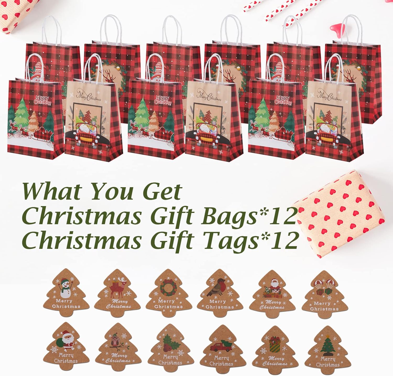 Maetrin 12 bolsas pequeñas de regalo de Navidad reutilizables, 4 estilos, bolsas de papel kraft de Navidad con asa a granel para regalos de fiesta