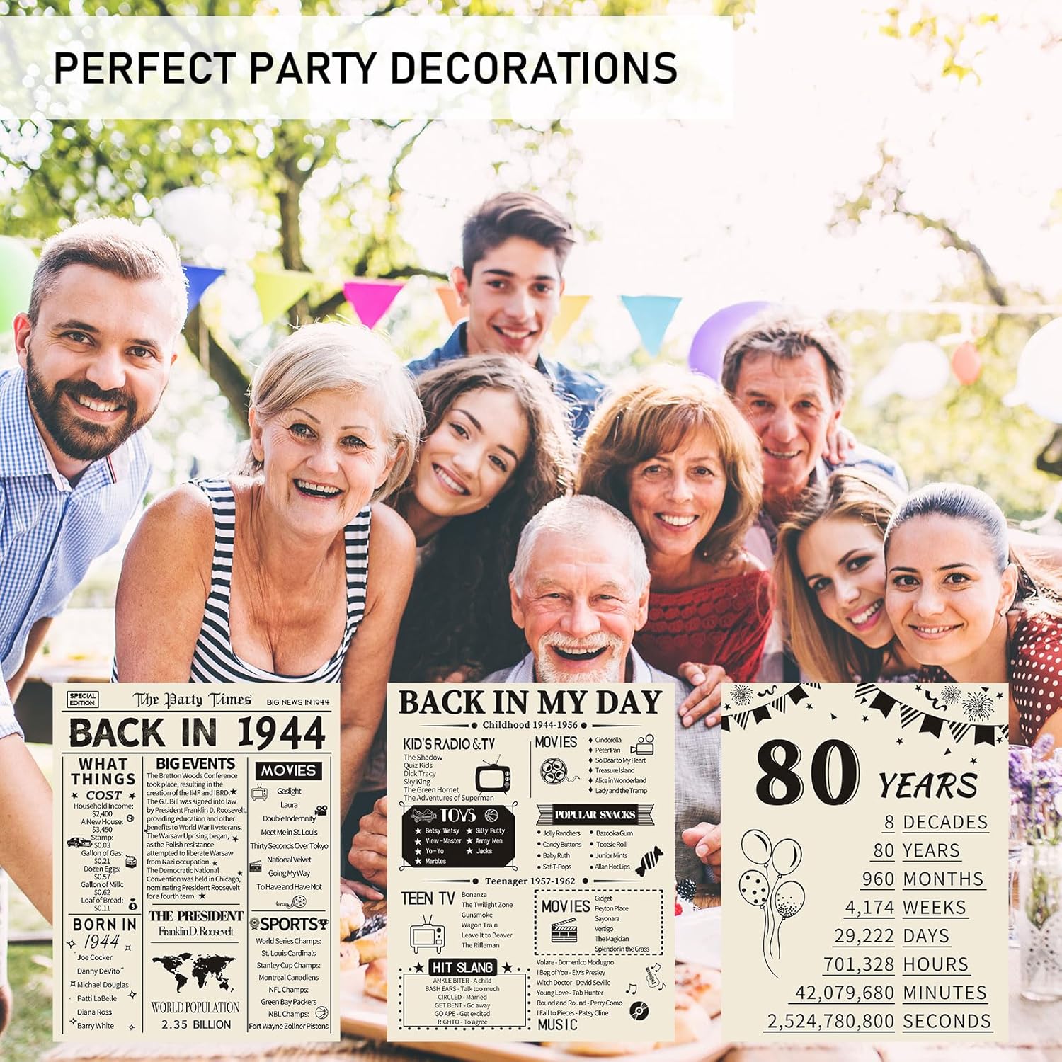 HOMANGA Decoraciones de cumpleaños n. 80 para hombres y mujeres, 3 piezas de pósteres vintage de aniversario de 80 cumpleaños, suministros de