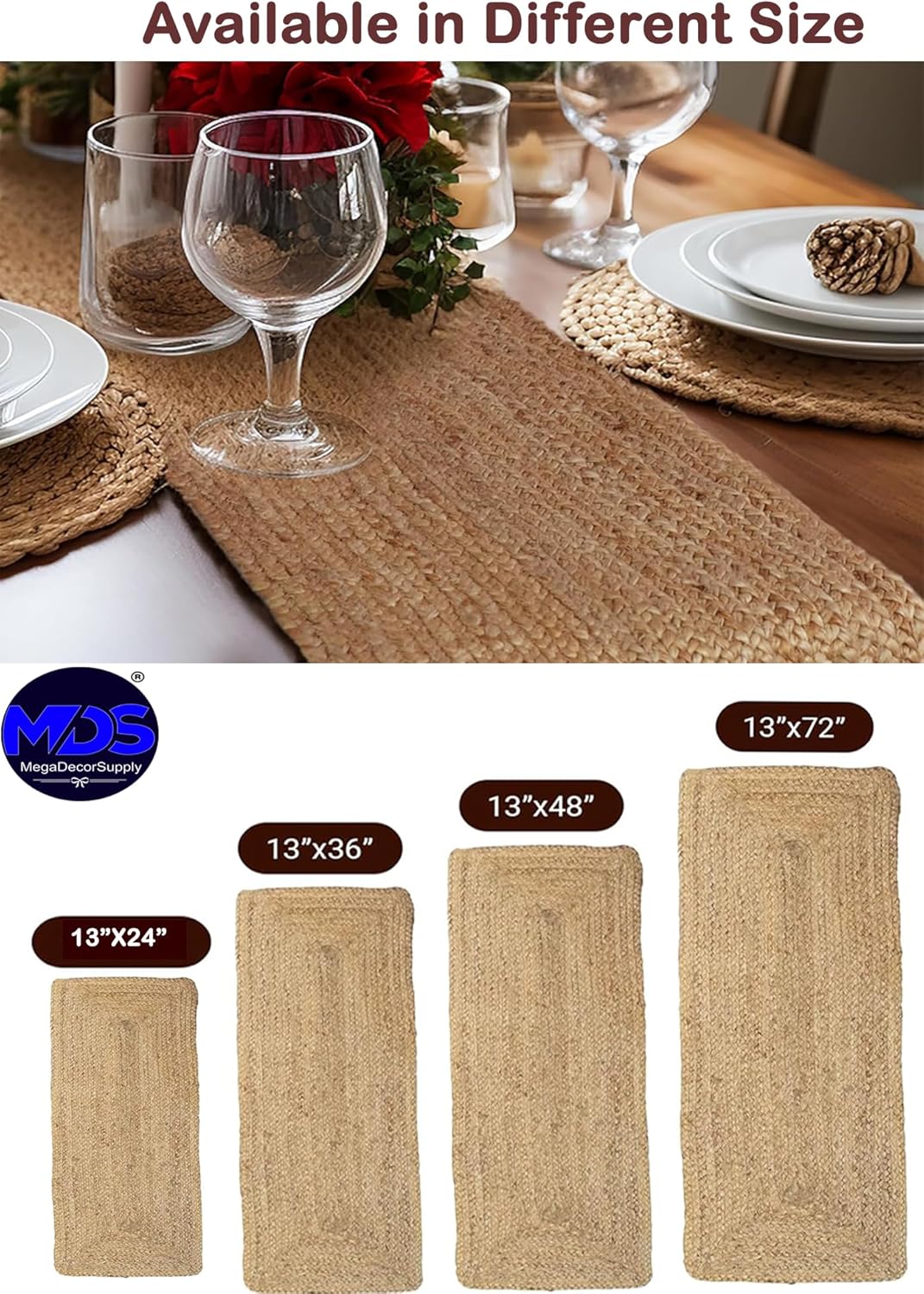 MDS – Paquete de 1 camino de mesa rectangular trenzado de yute tejido a mano de 13 x 36 pulgadas, 100% natural, reversible, rústico, vintage, camino