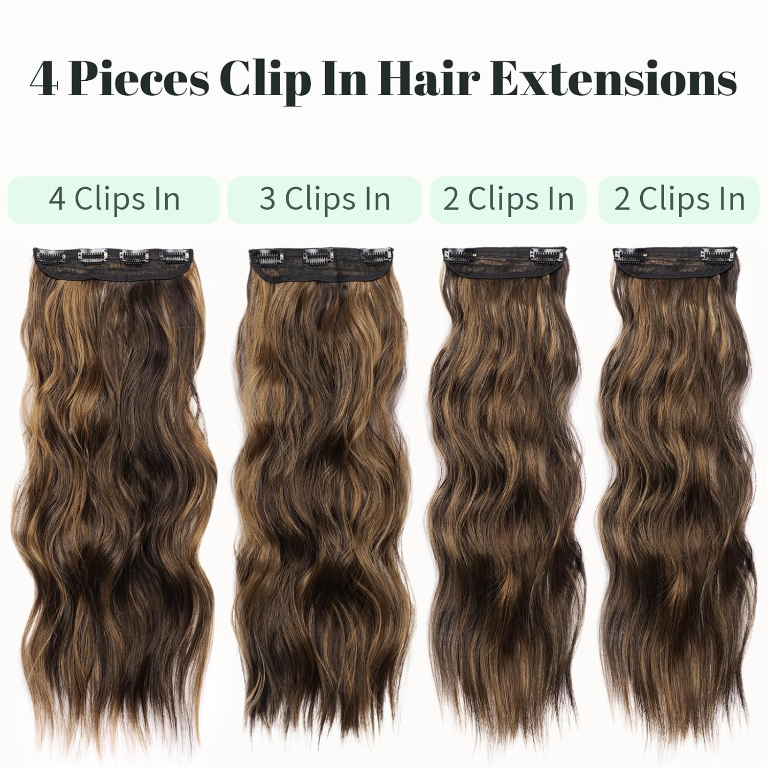 KooKaStyle – Extensión de cabello sintético con pinza, largo y ondulado, con fibra de doble trama, de 20 pulgadas para mujer, 4 piezas, color marrón