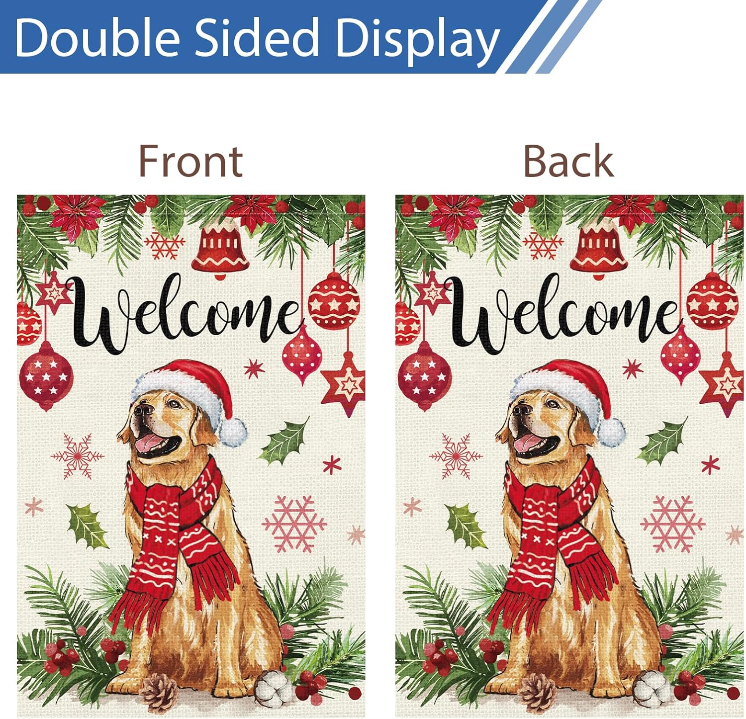 Bandera navideña de bienvenida para jardín, 12 x 18 pulgadas, arpillera de doble cara de perro Golden Retriever con sombrero de Navidad, banderas de