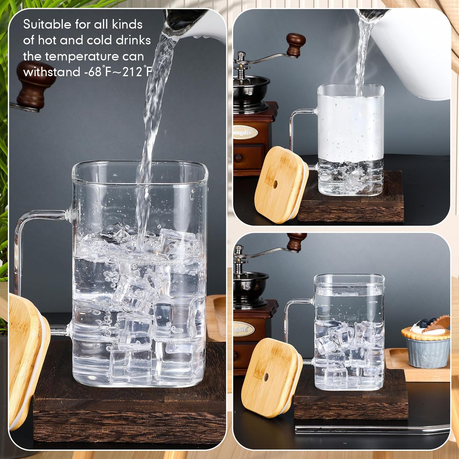 Rtteri Juego de 6 vasos cuadrados de vidrio con tapa de bambú, popote y asa, tazas de café portátiles para fiesta de graduación, regalos del día de