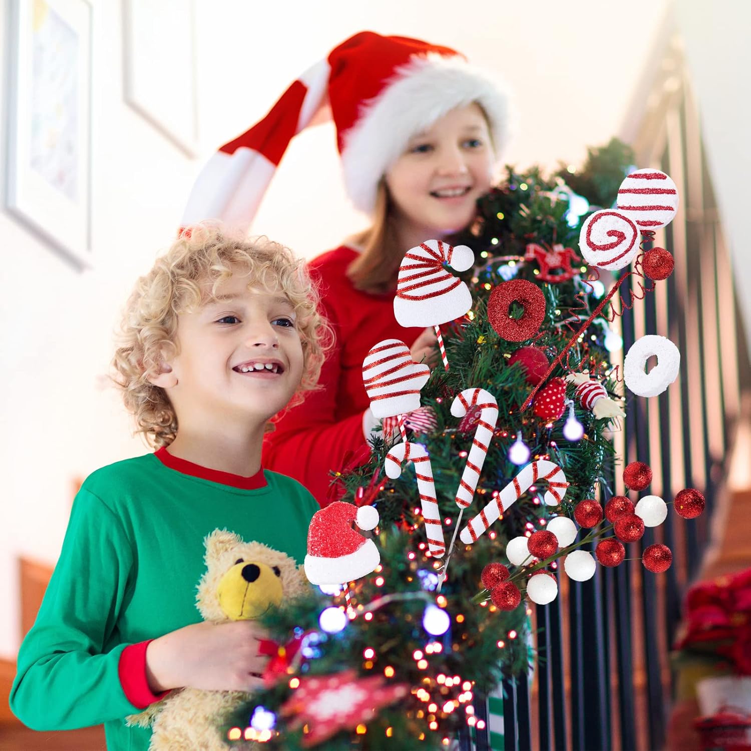 6 púas de adornos de Navidad, decoraciones de árbol de Navidad, guantes de sombrero de Papá Noel, bolas de bayas en palos para árbol de Navidad,
