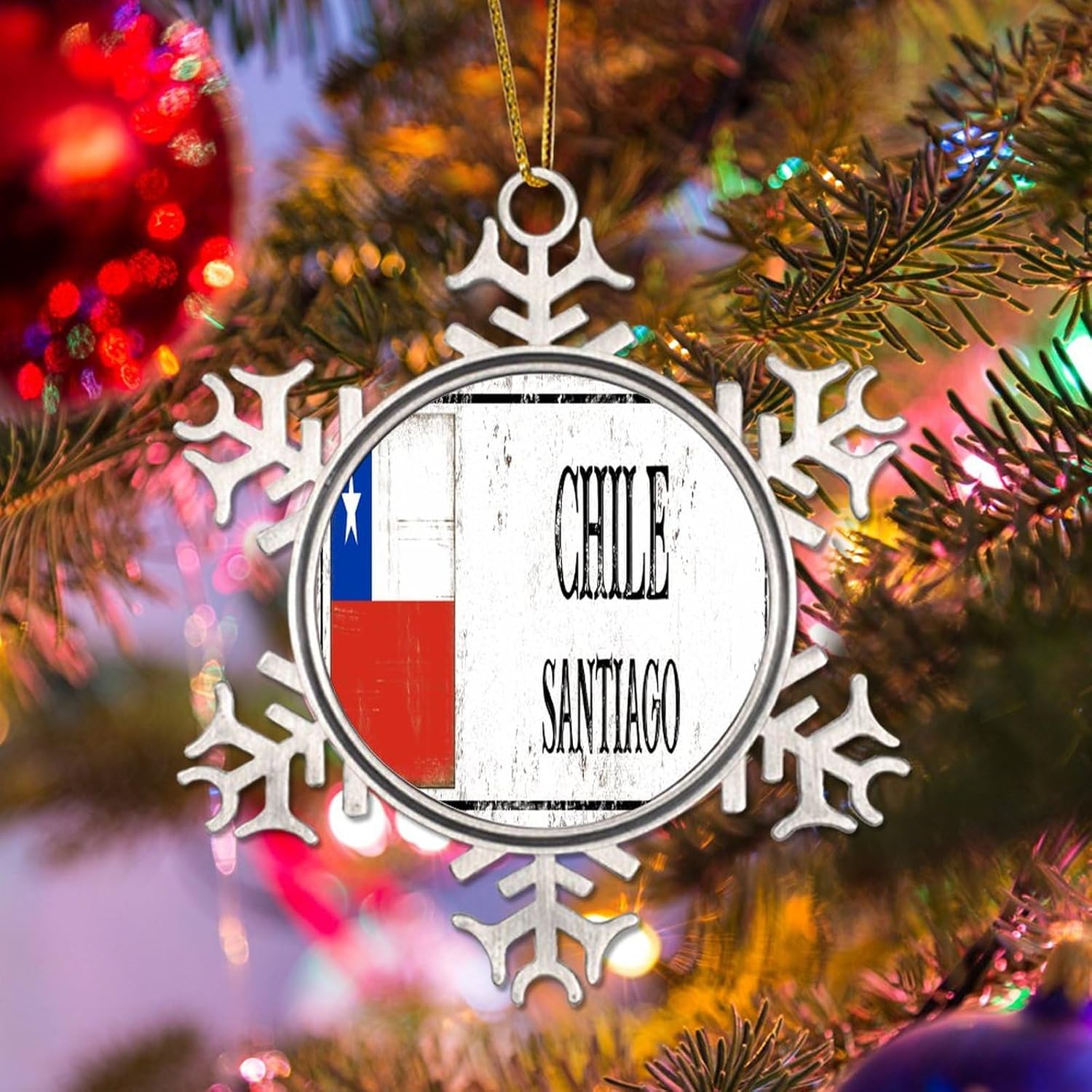 CowkissSign Chile – Adorno de Navidad de copo de nieve de metal, decoración de árbol de Santiago, adorno colgante de Navidad, recuerdo de la ciudad,