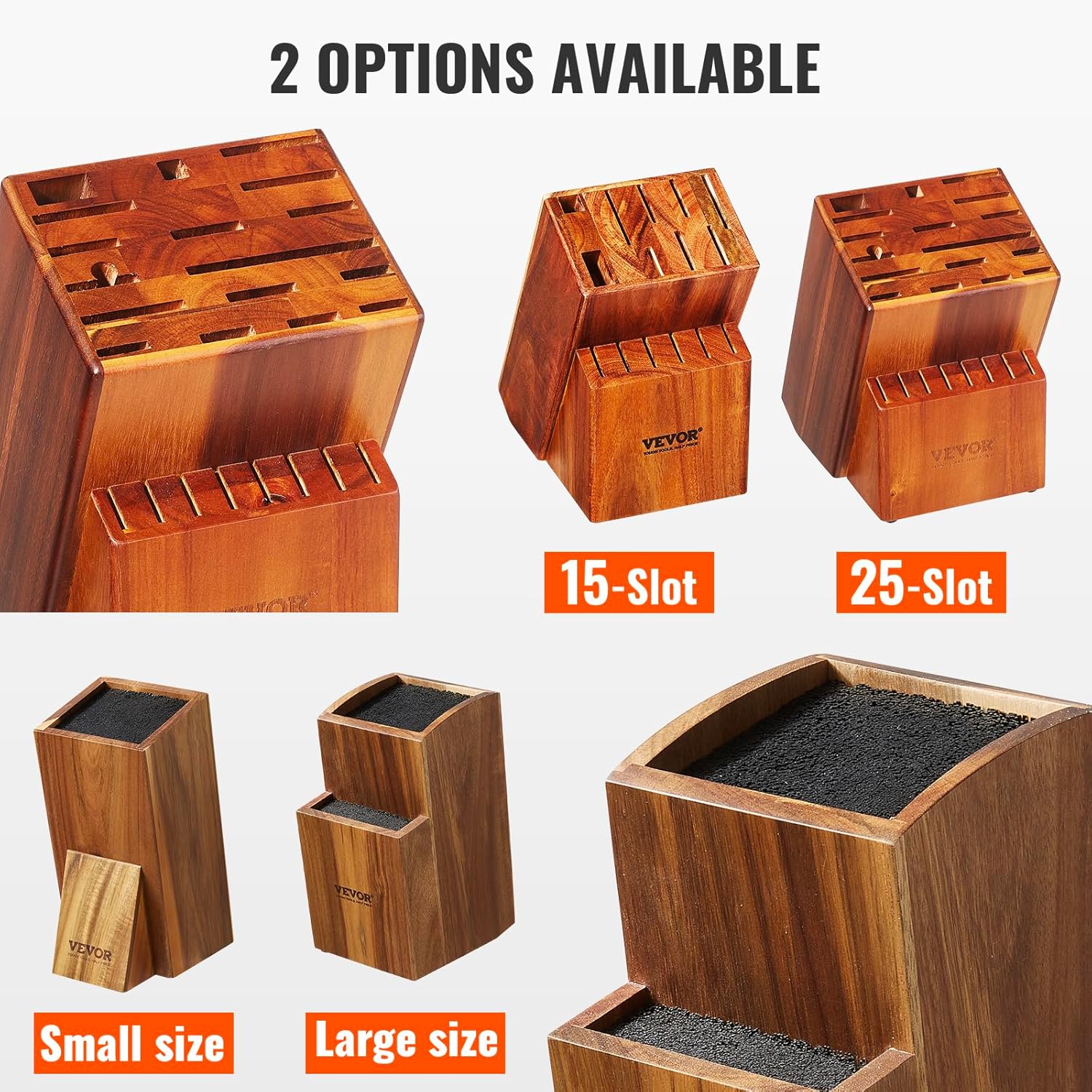 VEVOR Bloque de almacenamiento de cuchillos, 25 ranuras de madera de acacia, soportes universales para cuchillos sin cuchillos, organizador de