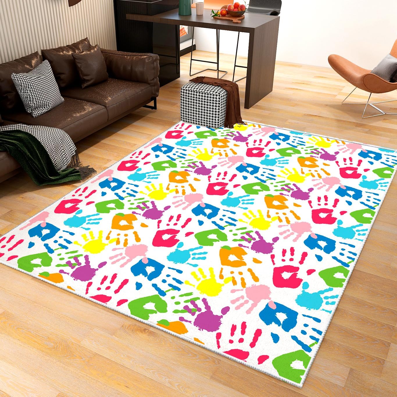 Alfombra colorida con estampado de manos para niños, para sala de juegos, aula, guardería, bonita alfombra de piso de 8 x 10 pies