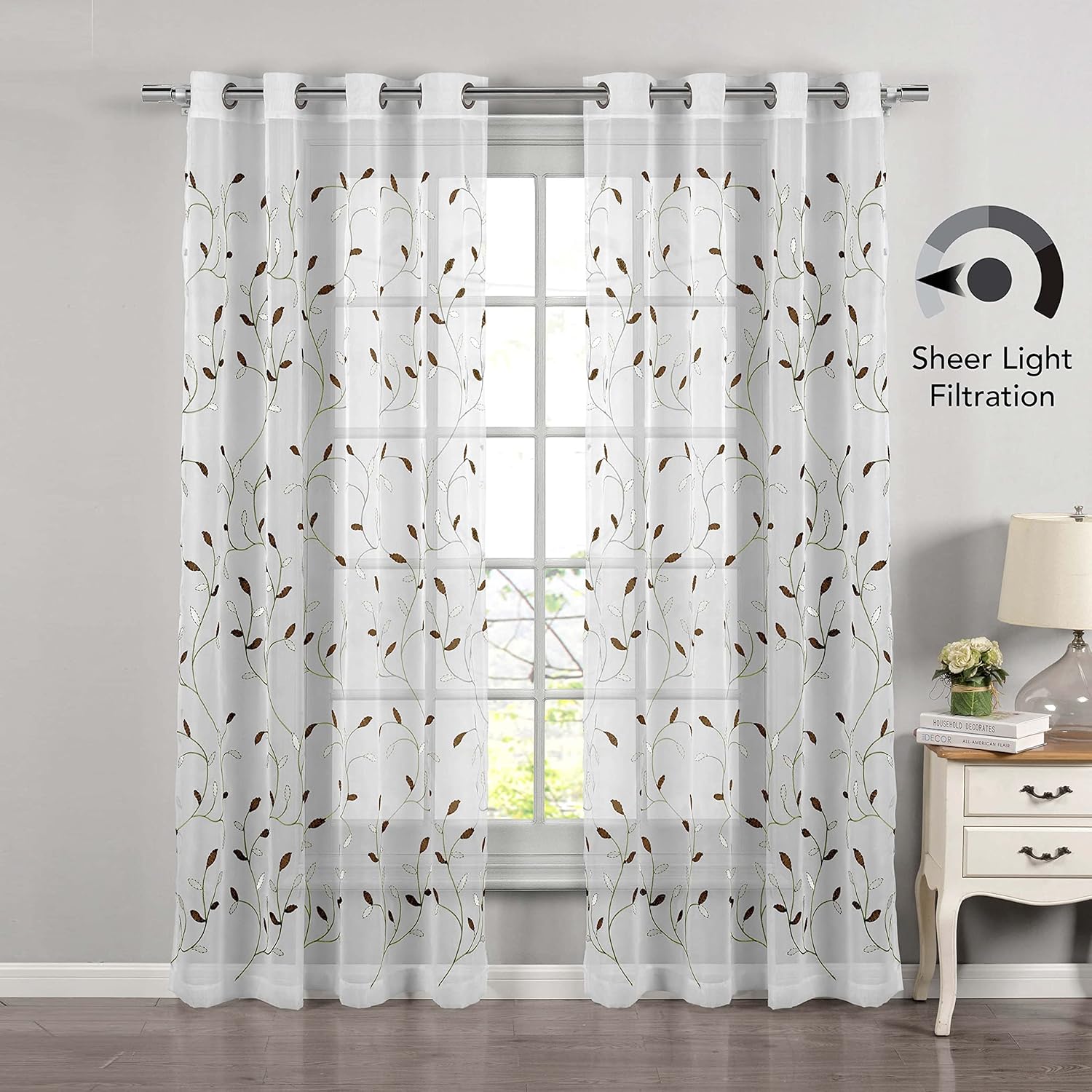 Creative Home Ideas Hojas onduladas, cortinas transparentes bordadas, incluye 1 panel de cortina de hojas, cortinas de ventana con ojales de metal,