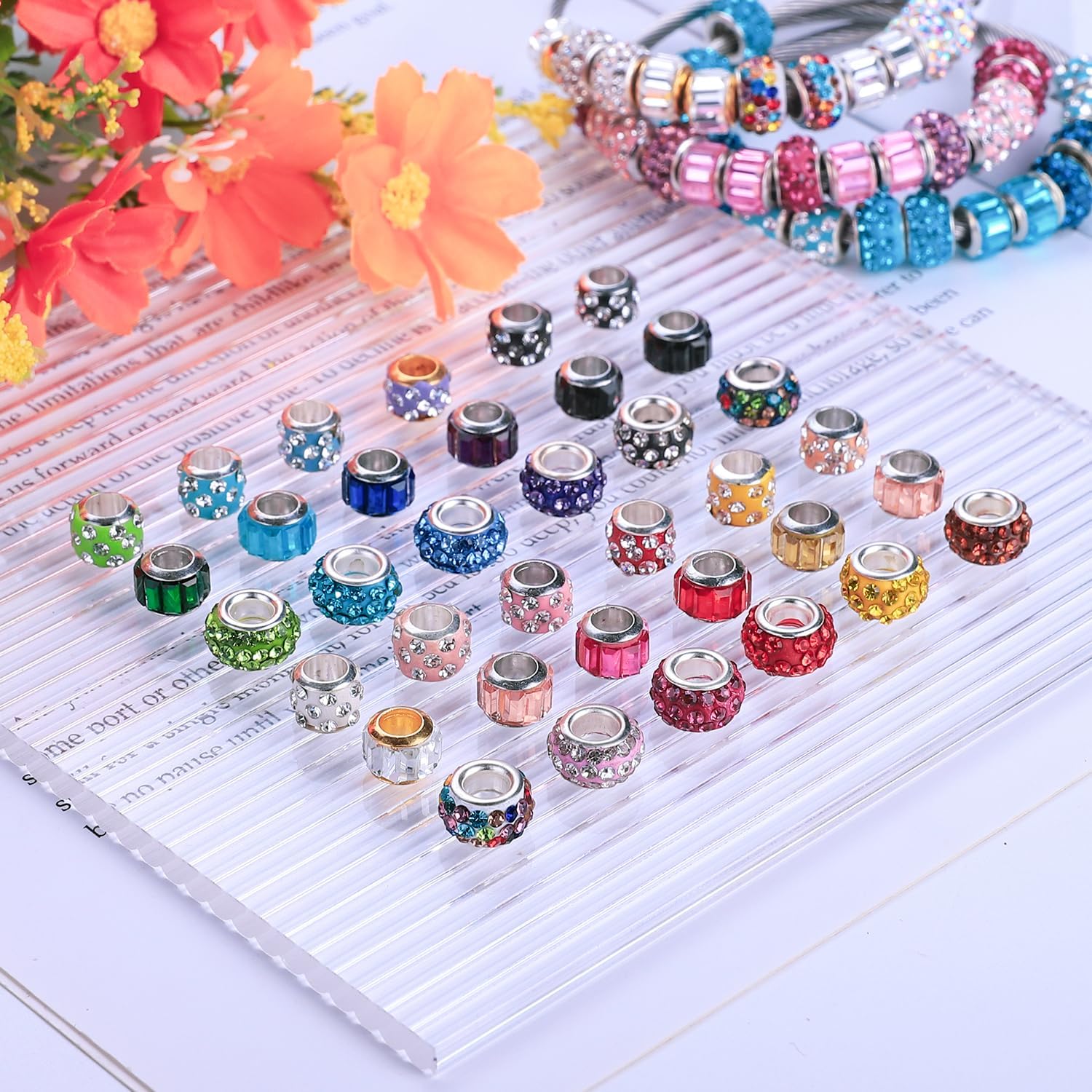 Aipridy Lucky Beads Lover Perlas y diamantes de imitación de cristal, cuentas de ámbar, cuentas espaciadoras de agujeros grandes, cuentas europeas