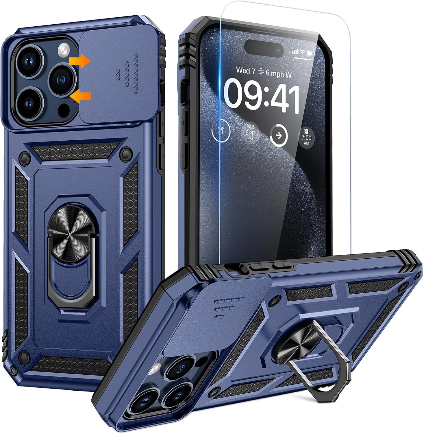 Goton Funda para iPhone 15 Pro con protector de pantalla – Funda protectora para cámara deslizante con soporte de anillo, resistente a los golpes y