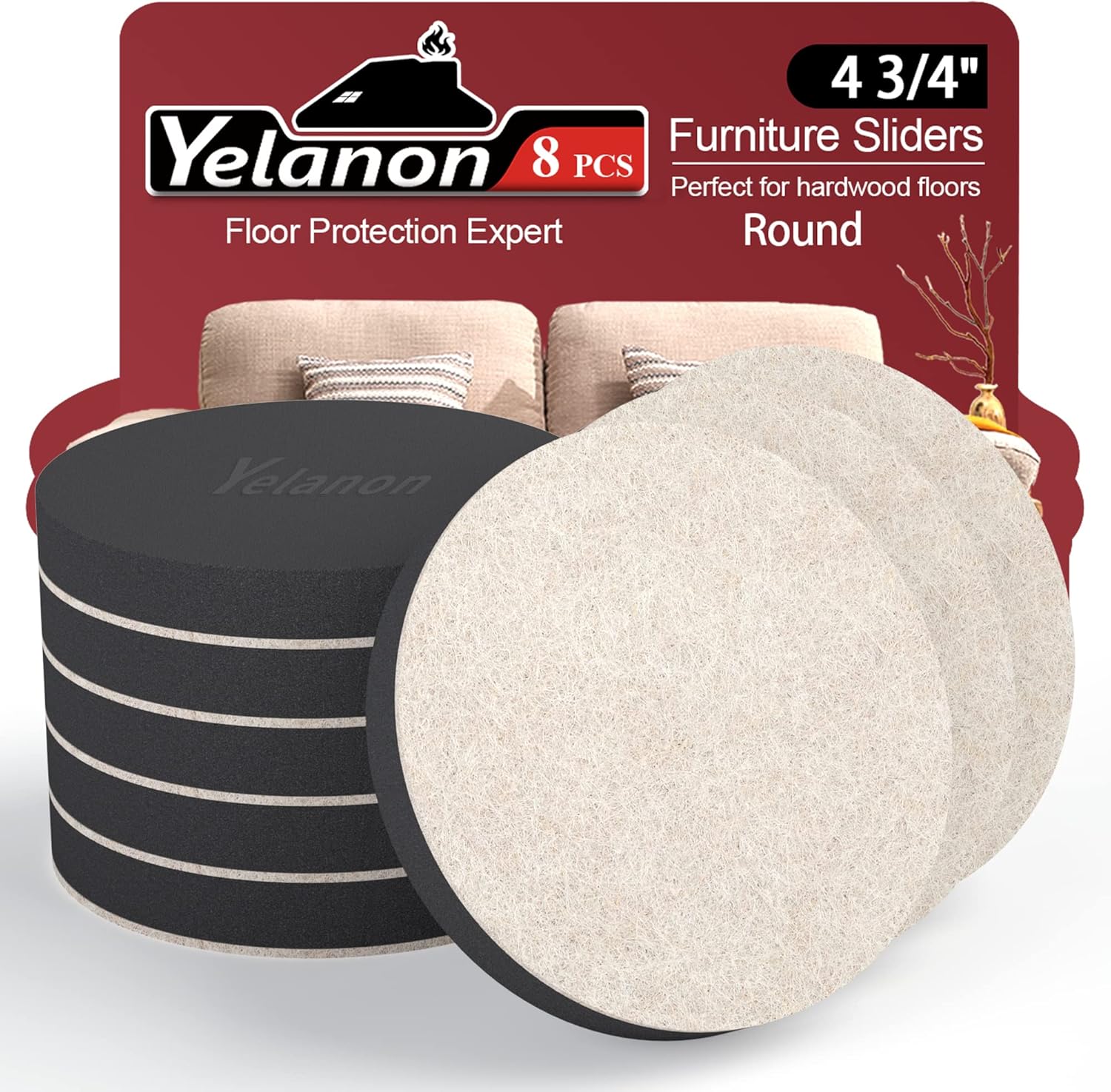 Yelanon – Deslizadores de muebles de fieltro para pisos de madera dura, 8 deslizadores de muebles de 4 34 pulgadas, deslizadores de fieltro